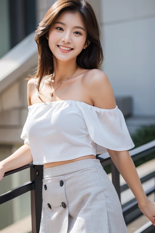 ((((Whole body 1.4)))),masterpiece, highest quality, Photorealistic, Very detailed, finely, High resolution, 8k wallpaper, Professional, High level of detail, Female college student standing on canvas stairs, Slender Japan woman, ((Look forward)), Collarbone Detail, Medium Chest、Perfect Face, Straight hair, White off-shoulder top with an open neckline、((mini skirt))、Cleavage、Smiling Kindly、Bare legs