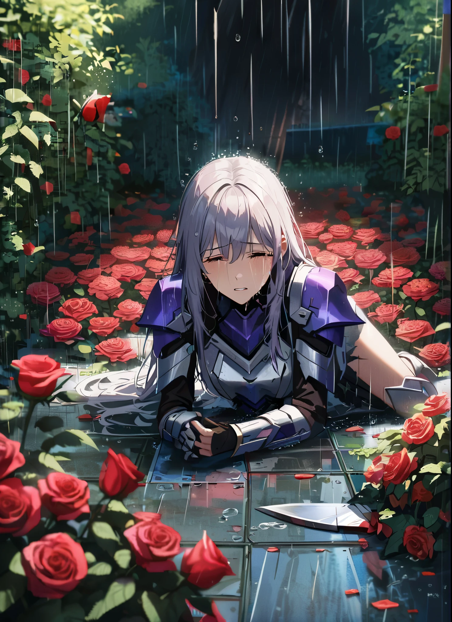 A girl, kneeling in the floor, wearing a shattered and broken  angelical soft armor, missing pieces ,ripped clothes, broken helmet ,broken shield  and broken sword, in tears, sad, dramatic scene, tears flowing in the face, garden, roses, rain, ultra detailed face 