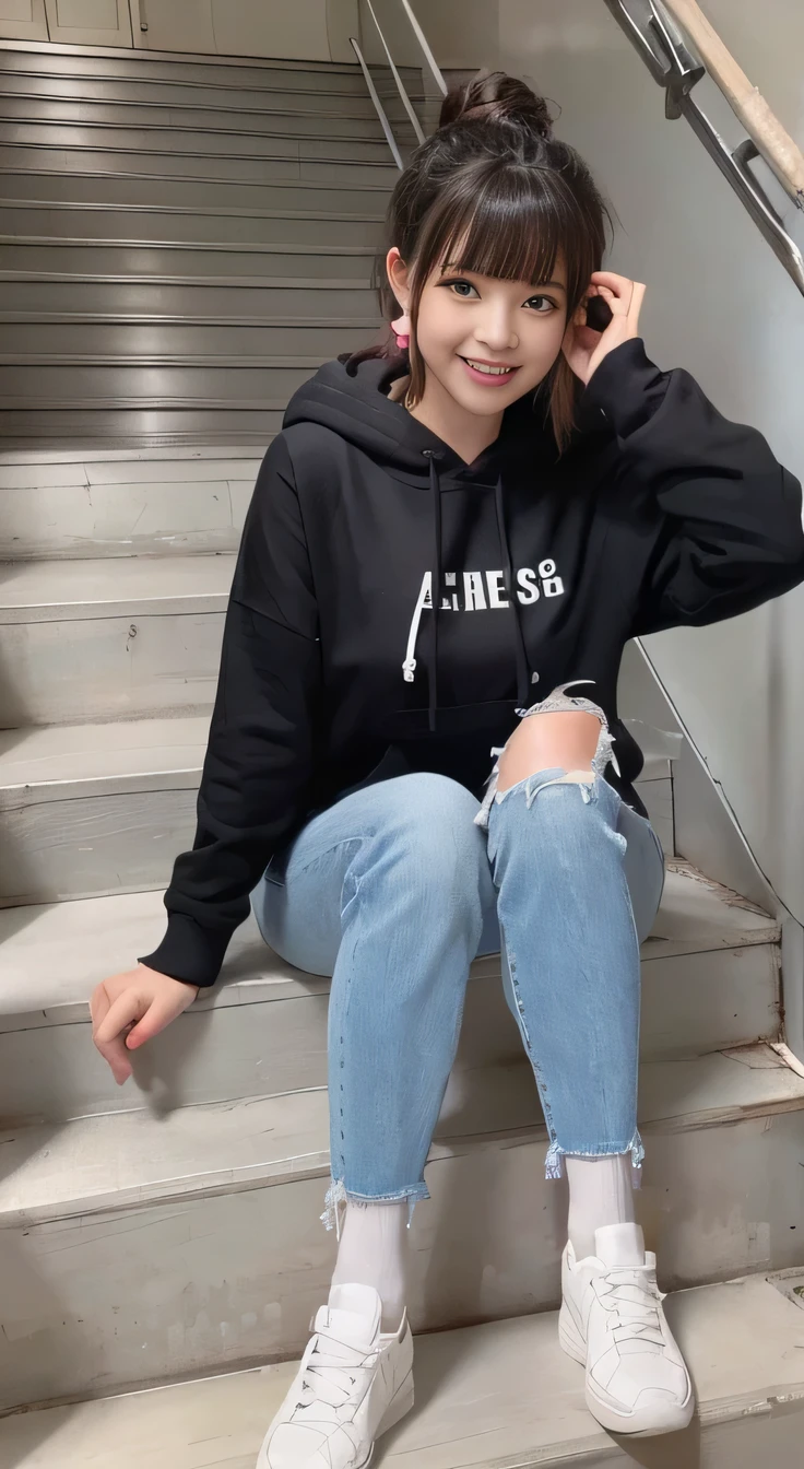 highest quality, Realistic, Very detailed, Finer details, High resolution, 8k wallpaper, One beautiful woman,Sit on the stairs、(Wear colorful socks)smile、(Beautiful teeth alignment、)(Gums are visible) Oversized hoodie, Skinny jeans,( Black sneakers)、Black Hair、 Beautiful Bangs、ear piercing、Perfect dynamic composition, Beautiful and detailed, Full Body Shot, A big smile waiting to start