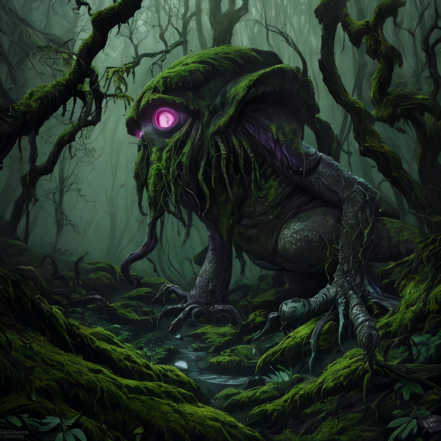 (best quality,highres:1.2),(realistic:1.37),ultra-detailed,a creepy toad,enormous in size,brightly colored,stalks through an ancient forest,tentacle tongue,thick and slimy skin,dark,ominous atmosphere,gloomy shadows,misty fog,gnarled trees,twisted branches,moss-covered rocks,dappled sunlight,unearthly glow,spooky ambiance,dense undergrowth,crunching leaves underfoot,haunting presence,unsettling silence,distant whispers,Cthulhu-like creature,mythical world,mysterious aura