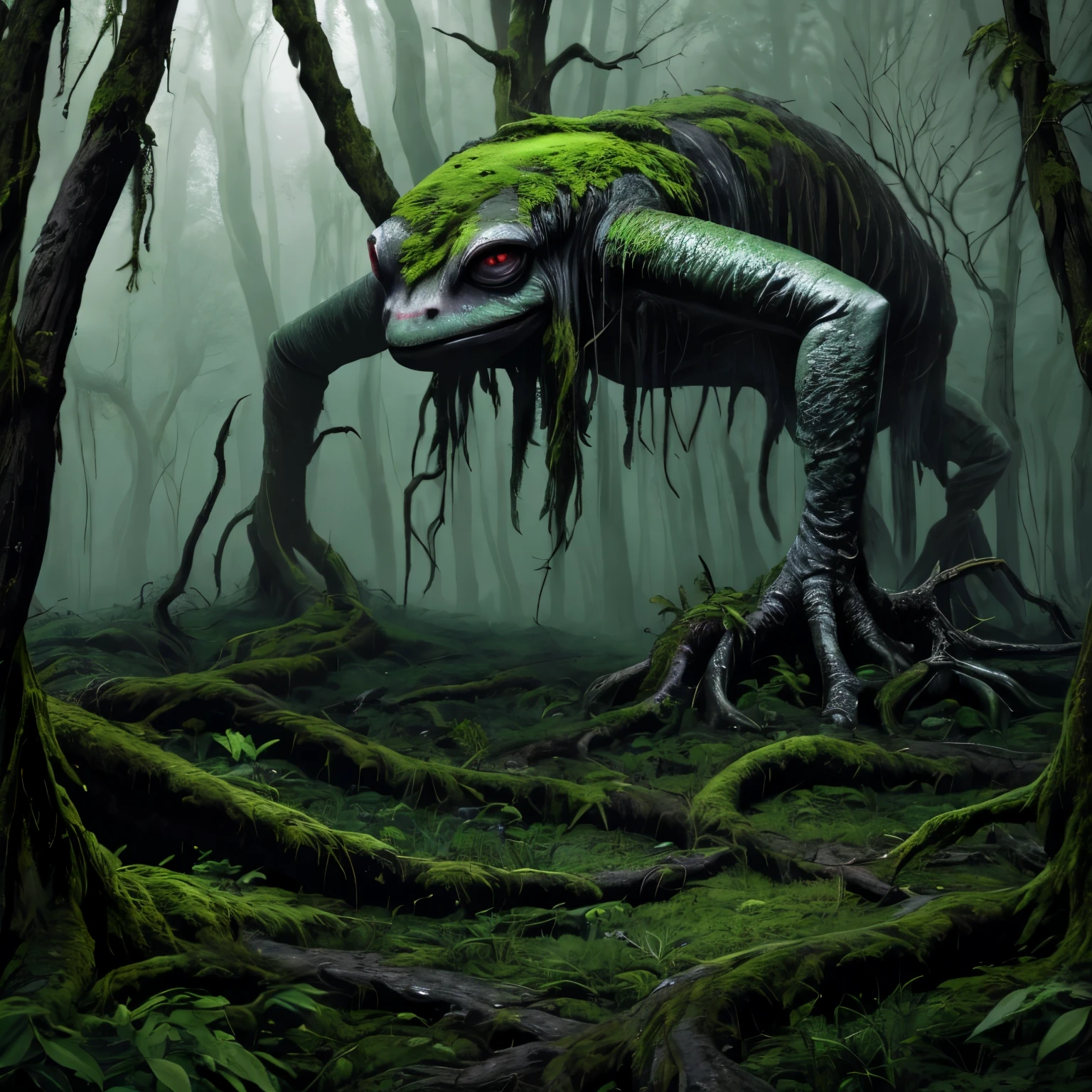 (best quality,highres:1.2),(realistic:1.37),ultra-detailed,a creepy toad,enormous in size,brightly colored,stalks through an ancient forest,tentacle tongue,thick and slimy skin,dark,ominous atmosphere,gloomy shadows,misty fog,gnarled trees,twisted branches,moss-covered rocks,dappled sunlight,unearthly glow,spooky ambiance,dense undergrowth,crunching leaves underfoot,haunting presence,unsettling silence,distant whispers,Cthulhu-like creature,mythical world,mysterious aura