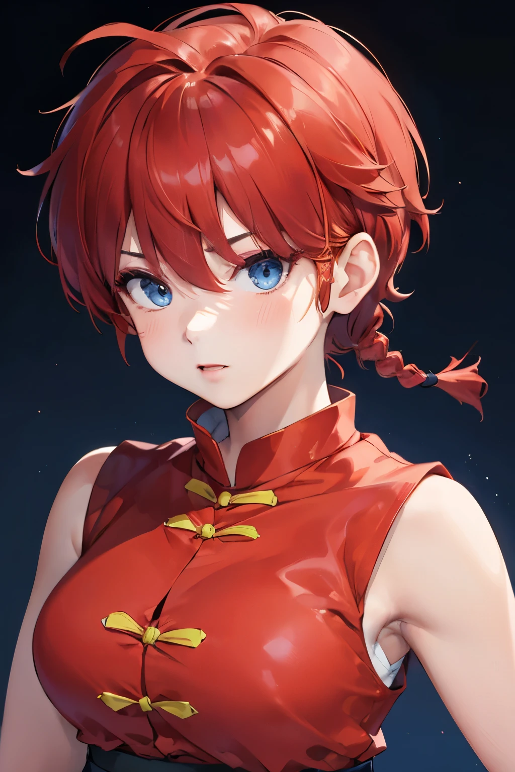 ((masterpiece)), high quality, very_high_resolution, large_filesize, full color, heavy outline, clear outline, colorful, (beautiful detailed eyes), ((beautiful face:1.0)), ((boyish face:1.4)), 1 girl, (femaleranma), (red hair), short hair, (braided ponytail), ((bangs)), bumpy bangs, blue-gray eyes, big breasts, curvy, femaleranma, braided ponytail, (red chinese clothes), sleeveless, tangzhuang, black pants, cameltoe, standing, upper body, ((front view:1.4)), ((portrait:1.8)), ((face focus:1.4)),