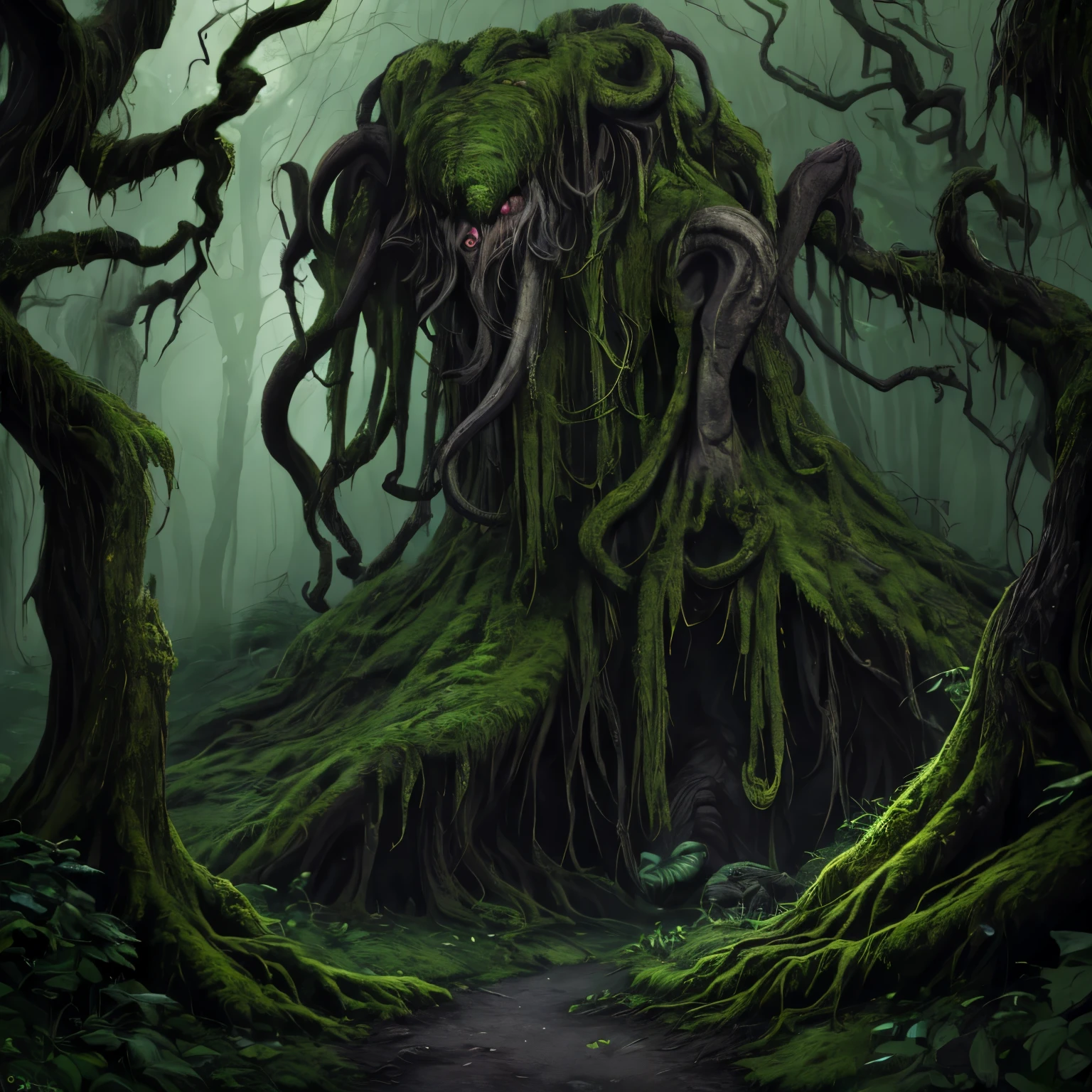 (best quality,highres:1.2),(realistic:1.37),ultra-detailed,a creepy toad,enormous in size,brightly colored,stalks through an ancient forest,tentacle tongue,thick and slimy skin,dark,ominous atmosphere,gloomy shadows,misty fog,gnarled trees,twisted branches,moss-covered rocks,dappled sunlight,unearthly glow,spooky ambiance,dense undergrowth,crunching leaves underfoot,haunting presence,unsettling silence,distant whispers,Cthulhu-like creature,mythical world,mysterious aura