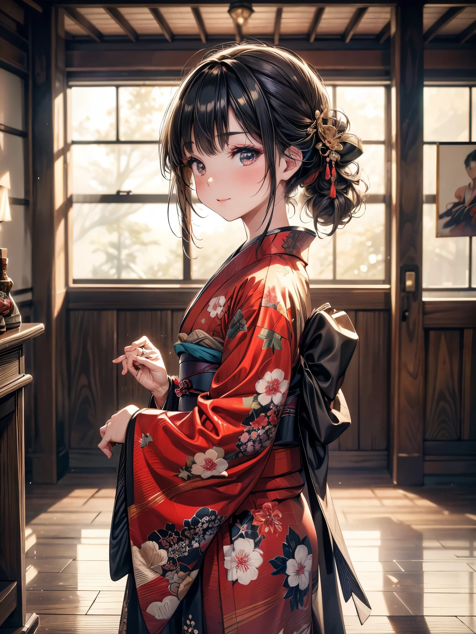 kimono, Heart, (8k, original photo, best quality, masterpiece: 1.2), (Practical: 1.6), (masterpiece), (best quality: 1.0), (Ultra-high resolution: 1.0), detail, 1940s, one, detail beautiful skin, detail room, ,Practical skin