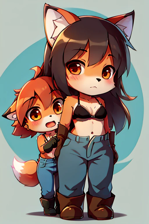 2 girls, wolf and fox, furry, bodyfur, tail, bra, jeans, long trousers, gloves, boots, chibi