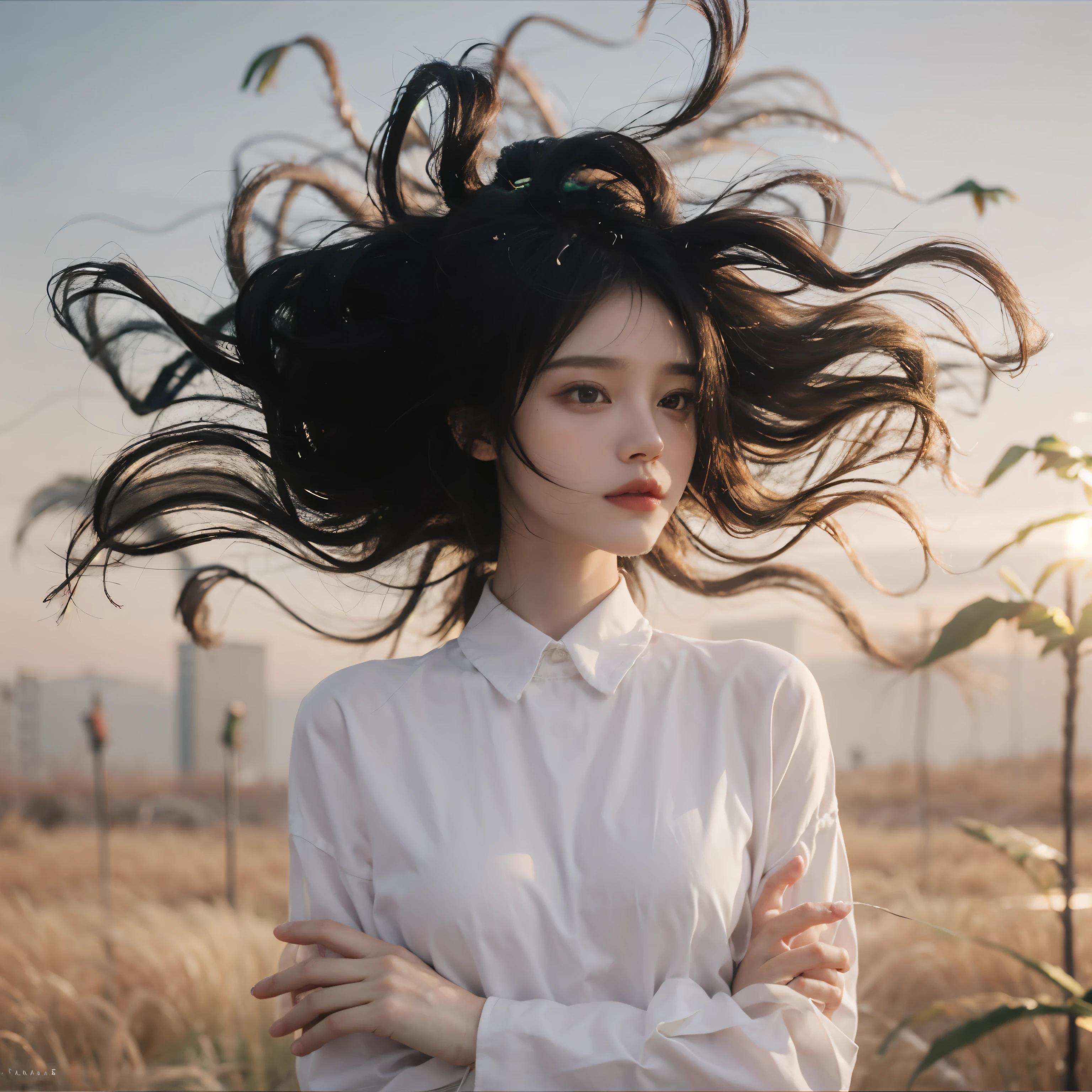 highest quality,masterpiece,Ultra-high resolution,Realistic,RAW Photos,unity 8k wallpaper, Panorama, Cinematic lighting,
On the grass, sunset, Dappled Sunshine, Golden Hour Lighting, Backlight, Blurred Background, (Lens flare), Wind, pastel colour, Soft Light,
1 Girl,Floating short hair, elegant, Upper Body,