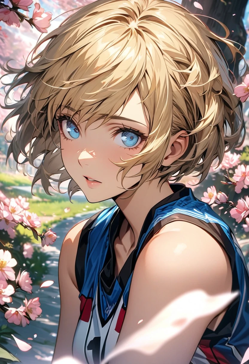 absurdres, highres, ultra detailed, HDR, masterpiece, extremely detailed face and eyes, Aegis, blond hair, short hair, expressive blue eyes, Persona 3, solo, woman, extremely beautiful, basketball uniform, spring, blossoms, petals