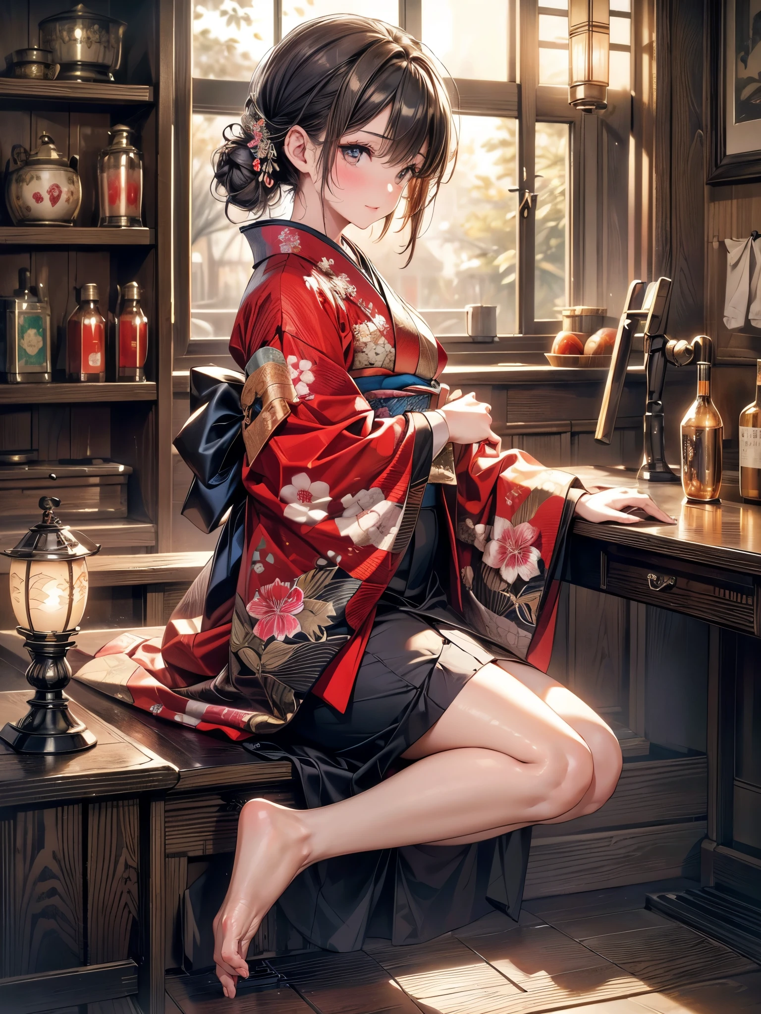 kimono, Heart, (8k, original photo, best quality, masterpiece: 1.2), (Practical: 1.6), (masterpiece), (best quality: 1.0), (Ultra-high resolution: 1.0), detail, 1940s, one, detail beautiful skin, detail room, ,Practical skin