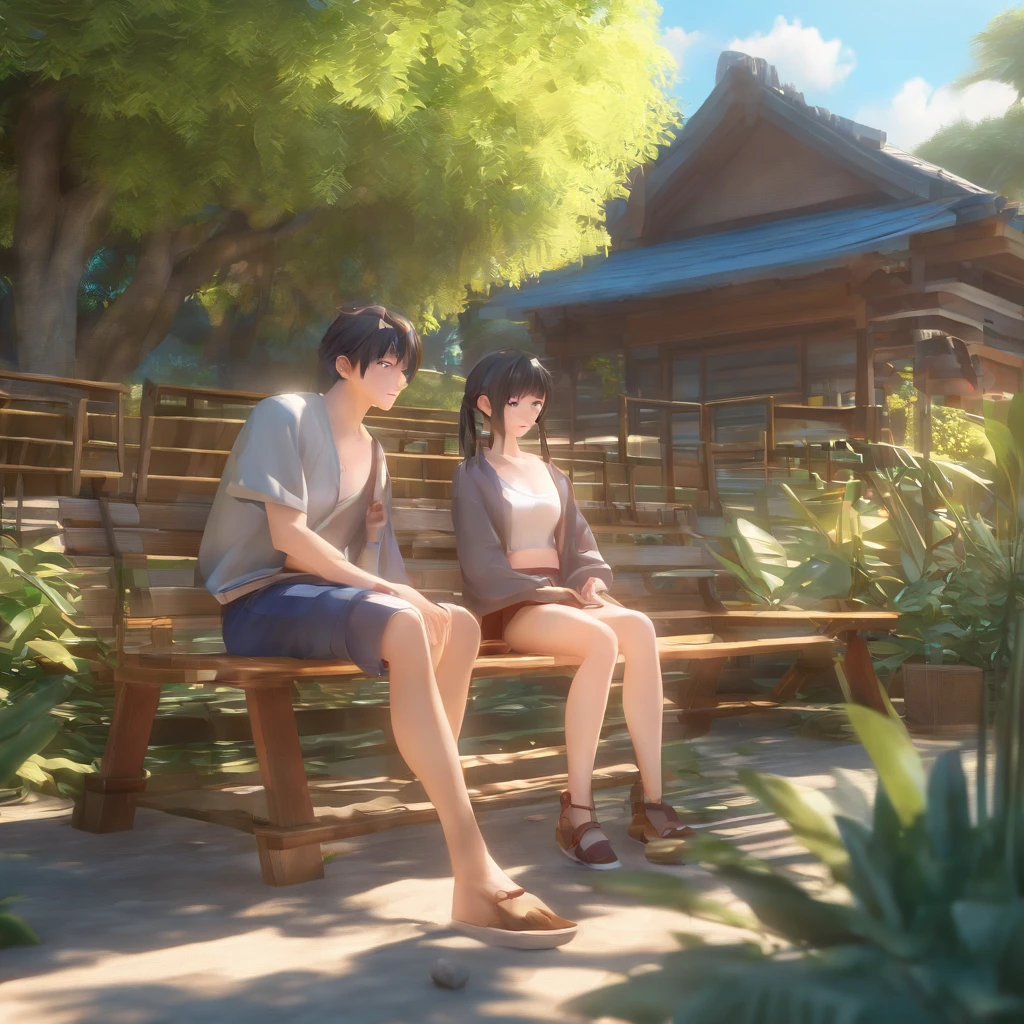anime couple sitting on a garden bench, wooden house with coconut trees in the background, a detailed painting of Shitao, trends on pixiv, realism, WLOP and Sakimichan, artwork in the style of Guweiz, Guweiz, trends on cgstation, sakimichan frank franzzeta, Sakimichan and Frank Franzzeta