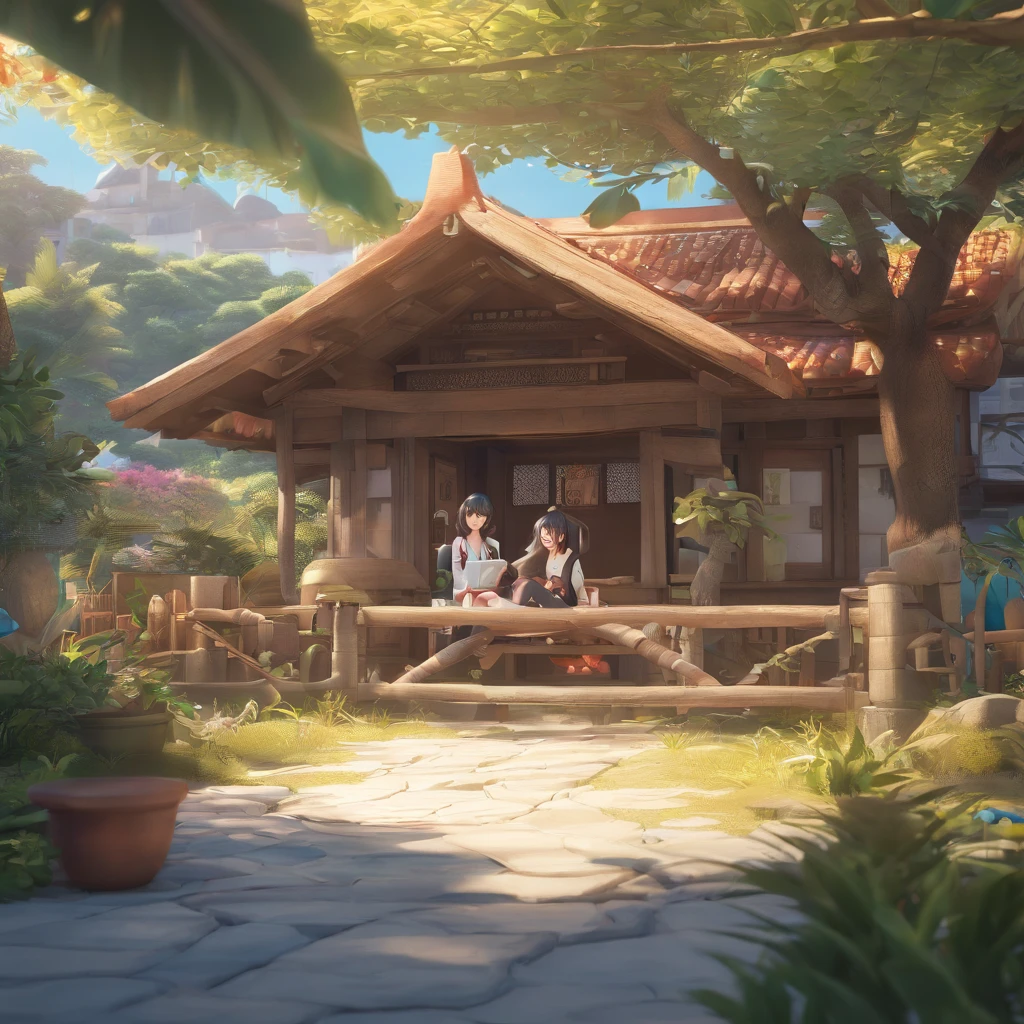 anime couple sitting on a garden bench, wooden house with coconut trees in the background, a detailed painting of Shitao, trends on pixiv, realism, WLOP and Sakimichan, artwork in the style of Guweiz, Guweiz, trends on cgstation, sakimichan frank franzzeta, Sakimichan and Frank Franzzeta