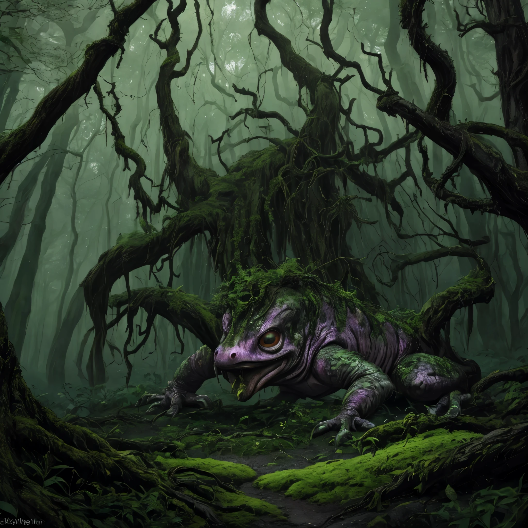 (best quality,highres:1.2),(realistic:1.37),ultra-detailed,a creepy toad,enormous in size,brightly colored,stalks through an ancient forest,tentacle tongue,thick and slimy skin,dark,ominous atmosphere,gloomy shadows,misty fog,gnarled trees,twisted branches,moss-covered rocks,dappled sunlight,unearthly glow,spooky ambiance,dense undergrowth,crunching leaves underfoot,haunting presence,unsettling silence,distant whispers,Cthulhu-like creature,mythical world,mysterious aura