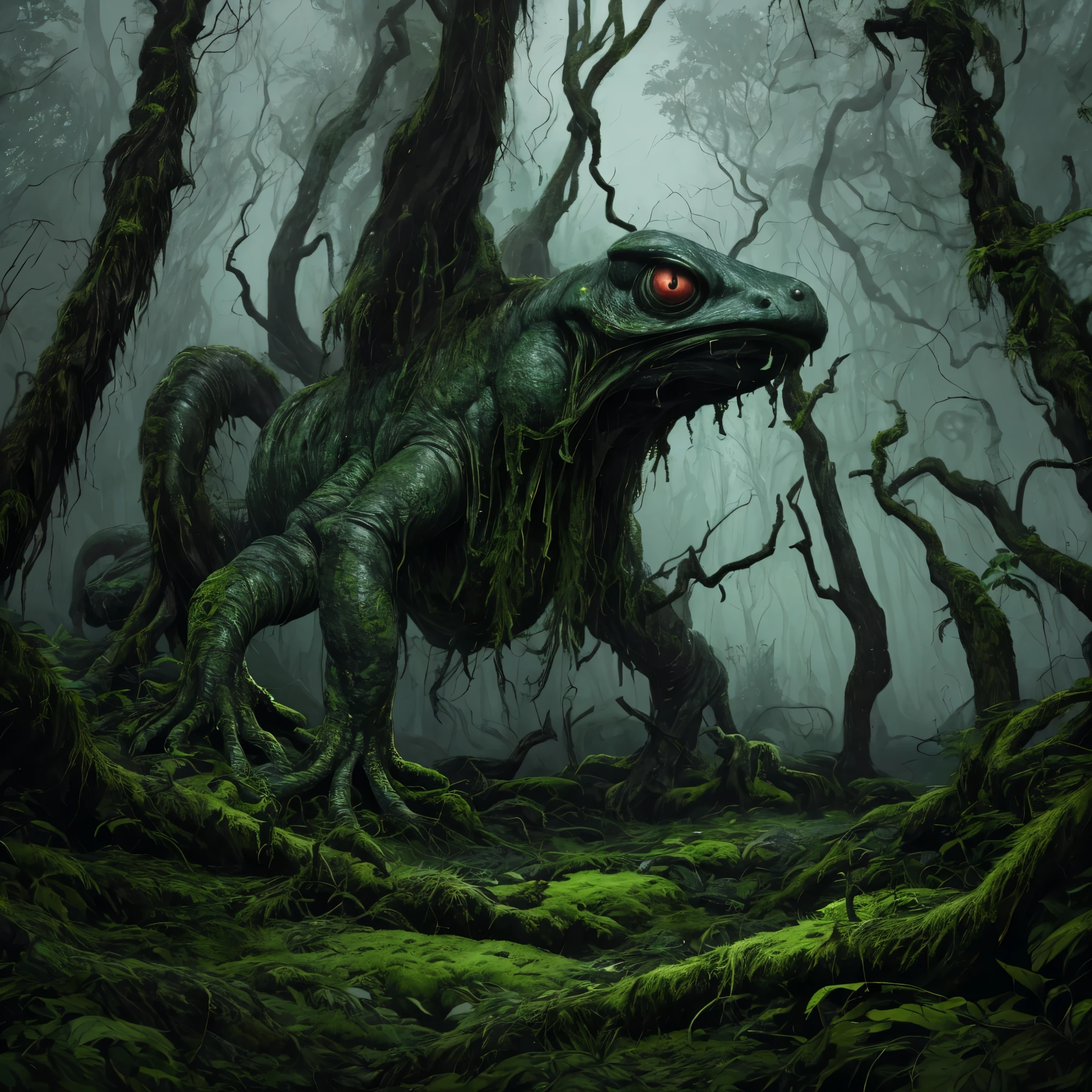 (best quality,highres:1.2),(realistic:1.37),ultra-detailed,a creepy toad,enormous in size,brightly colored,stalks through an ancient forest,tentacle tongue,thick and slimy skin,dark,ominous atmosphere,gloomy shadows,misty fog,gnarled trees,twisted branches,moss-covered rocks,dappled sunlight,unearthly glow,spooky ambiance,dense undergrowth,crunching leaves underfoot,haunting presence,unsettling silence,distant whispers,Cthulhu-like creature,mythical world,mysterious aura