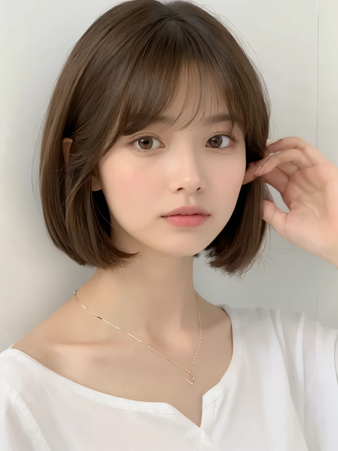 Close-up of a brown-haired woman in a white shirt, Shoulders - Length hair, Medium length hair, Curtain bang, Medium length hair, with short hair, Shoulder-length hair, White princess cut hairstyle, Korean symmetrical face, short～Medium Hair, Neat hairstyle with bangs、White wall、In front of a white door、((窓のあるWhite wallの部屋))、Various poses、Simple Necklace、Layered Cut、Don&#39;Don&#39;t look at the camera