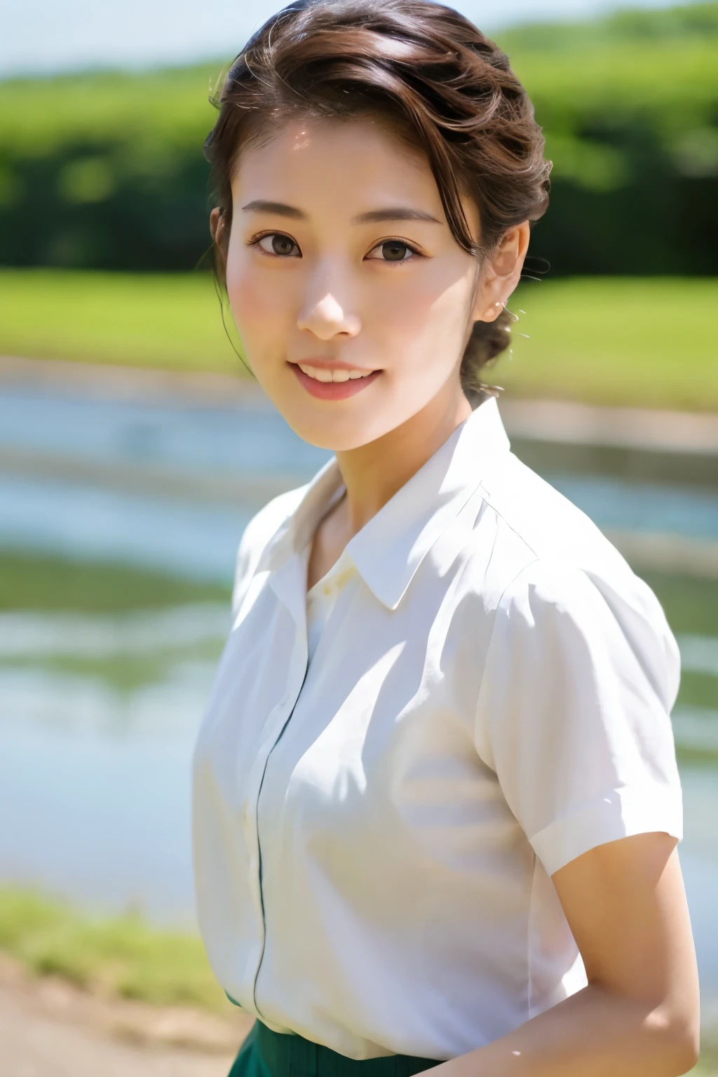 Skinny Japanese 40s woman, good wife, cute face, detailed face, detailed eyes, neat and clean, short-sleeve white shirt, walking along river, early summer, fine weather, clear sky, green fields, portrait