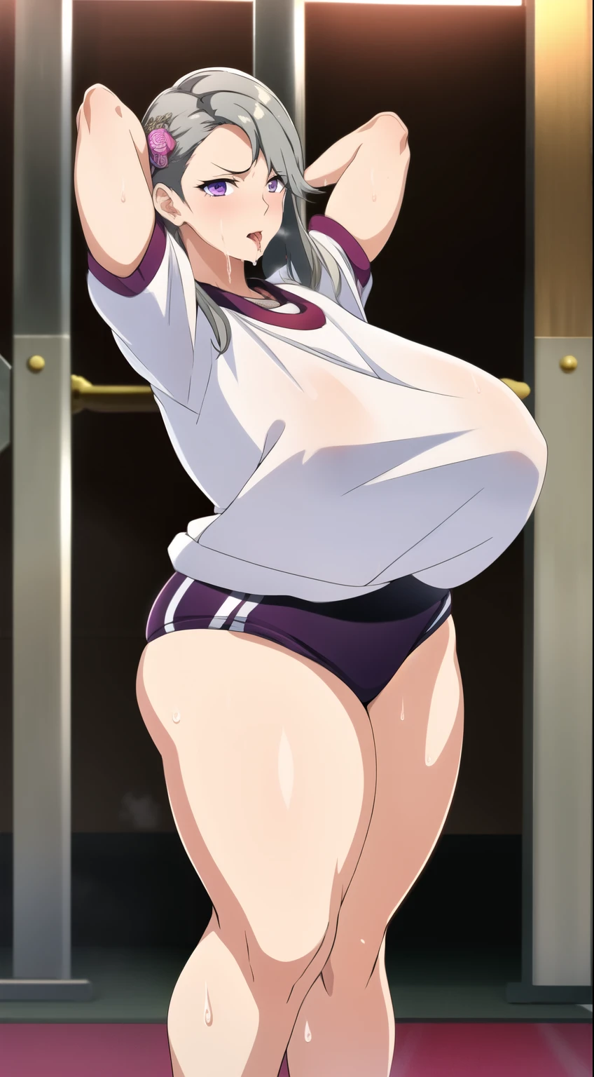 masterpiece, 1 girl, alone, Shortcuts, , Niijima Sae (persona 5)、Big Breasts, Mature Woman, Glare,Sharp eyes, Silver Hair、Lilac eyes, Empty Eyes LoRA / utsurome / Hypnotic suggestion,Pink Buruma, Bloomers(Old Japanese Gym Uniform),Pose standing thigh sex,Thick thighs, Hypnotic Pendulum,Hypnotic state,Drooling,Drooling from the mouth,Hypnotic stateの目,squint,Sticking out tongue,Sweaty,Stuffy stuffiness,全身Sweaty,Put your arms behind your head,Bow-legged,Leg spread