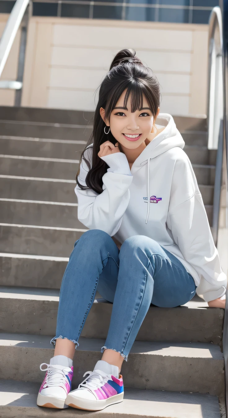 highest quality, Realistic, Very detailed, Finer details, High resolution, 8k wallpaper, One beautiful woman,Sit on the stairs、(Wear colorful socks)smile、(Beautiful teeth alignment、)(Gums are visible) Oversized hoodie, Skinny jeans,( Black sneakers)、Black Hair、 Beautiful Bangs、ear piercing、Perfect dynamic composition, Beautiful and detailed, Full Body Shot, A big smile waiting to start
