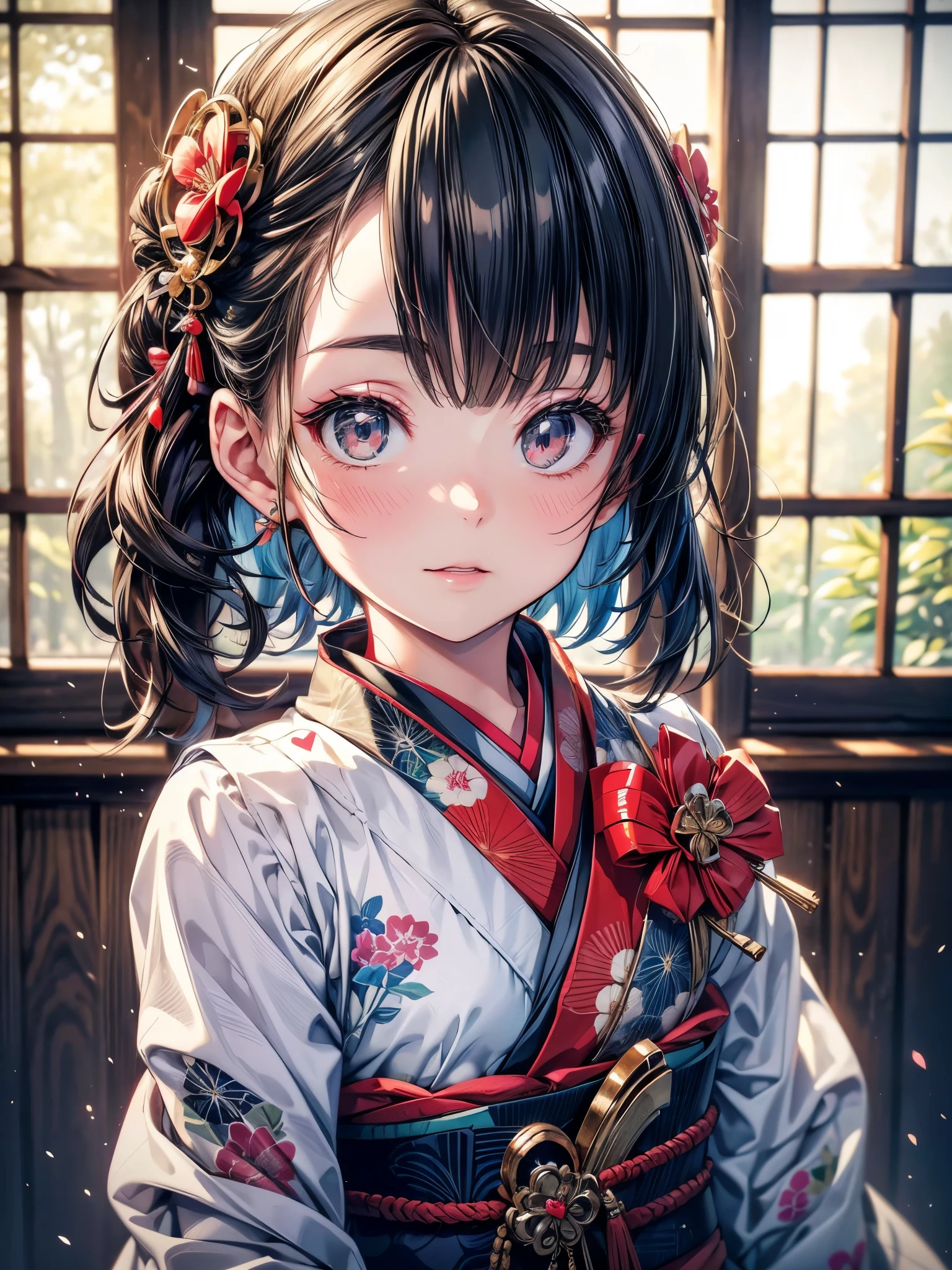 kimono, Heart, (8k, original photo, best quality, masterpiece: 1.2), (Practical: 1.6), (masterpiece), (best quality: 1.0), (Ultra-high resolution: 1.0), detail, 1940s, one, detail beautiful skin, detail room, ,Practical skin