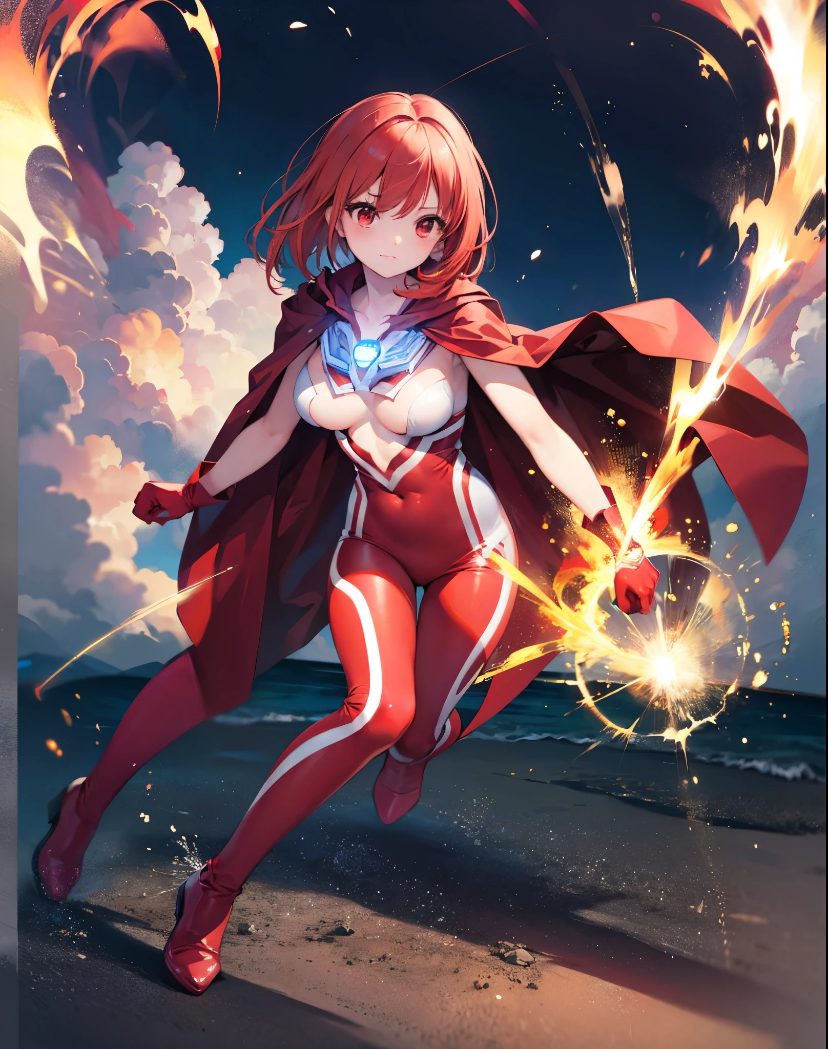 Realistic,highest quality, Ultra Detail, High-quality CG rendering, The most delicate and beautiful, Floating softly, High resolution, (1 girl), (Highest quality,4K,8K,masterpiece:1.2),(All red hair:1.5), (Medium Hair:1.5),(Red eyes:1.5), (Ultra Girl:1.0), (Red Ultraman bodysuit:1.4),(Slightly larger breasts:1.5),Upper Body, Red gloves,Red Shoes,(Red Cape:1.3),(Raise your fist to the sky:1.3)
