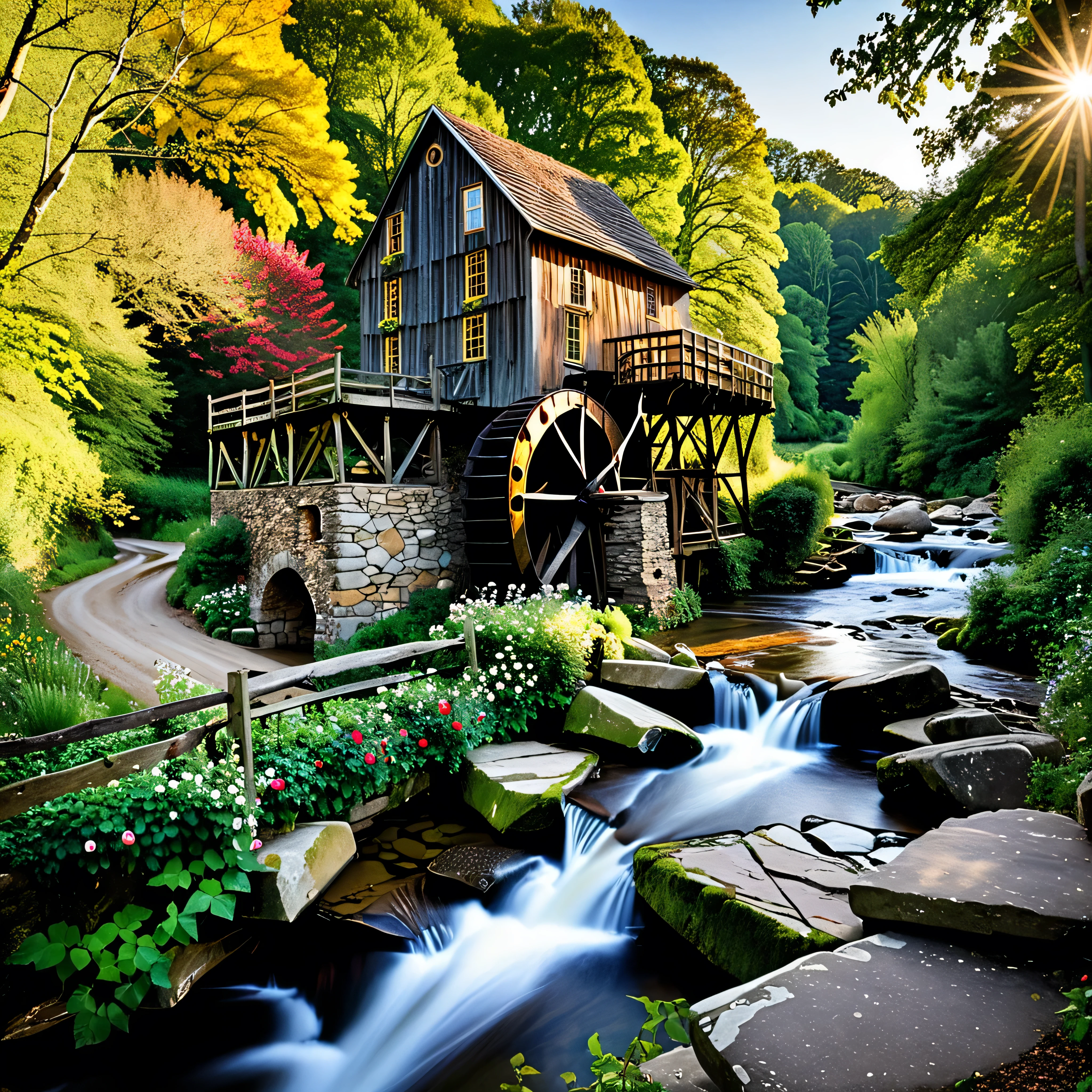 Step into the nostalgic embrace of history at the Old Mill of Willowbrook Countryside Village, where time seems to stand still amidst the weathered timbers and moss-covered stones. From your chosen vantage point beside the babbling stream that powers the mill's ancient wheel, you capture the timeless beauty of this picturesque location—a scene straight out of a storybook. The mill itself stands as a testament to days gone by, its weathered facade adorned with ivy and climbing roses, its wooden waterwheel creaking and groaning with each turn. Shafts of golden sunlight filter through the dusty air, casting long shadows on the worn stone floor. Outside, wildflowers bloom along the banks of the stream, their vibrant colors contrasting with the muted tones of the surrounding landscape. In the distance, the sound of rushing water mingles with the distant hum of village life, creating a symphony of sound that echoes through the tranquil countryside. As you adjust your camera settings to capture the scene, you're struck by the timeless beauty and quiet dignity of the Old Mill—a place where the past and present converge, and the simple pleasures of rural life are celebrated with reverence and grace. With a click of the shutter button, you immortalize this moment of tranquility and nostalgia, preserving it for future generations to cherish and enjoy.