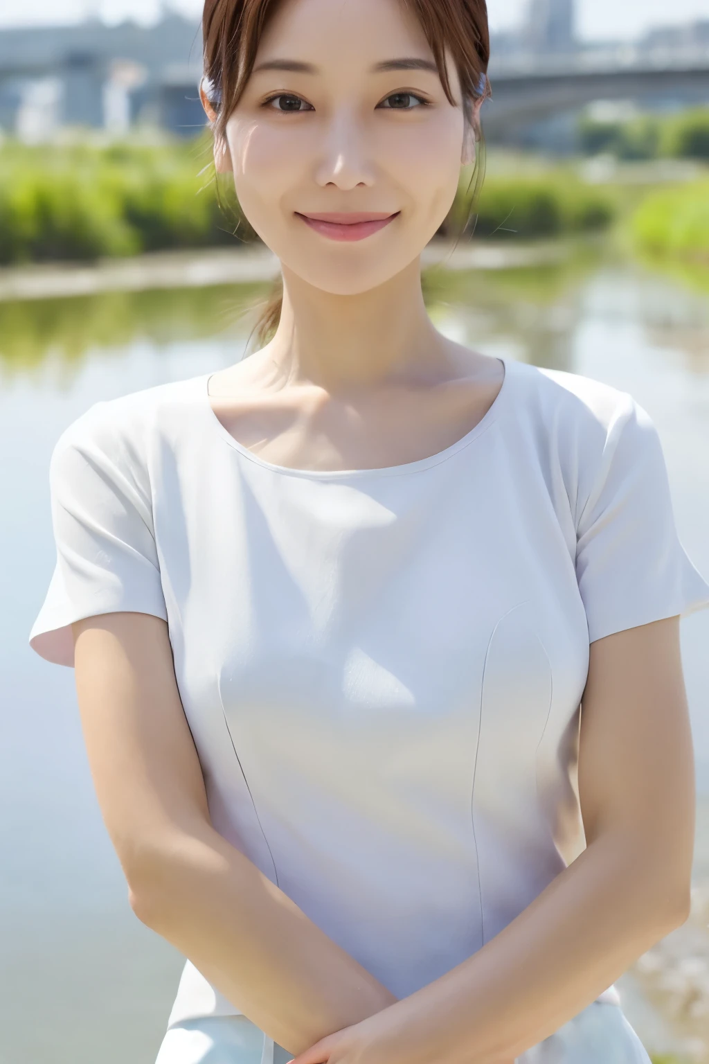 Skinny Japanese 40s woman, good wife, cute face, detailed face, detailed eyes, neat and clean, short-sleeve white shirt, walking along river, early summer, fine weather, clear sky, green fields, portrait