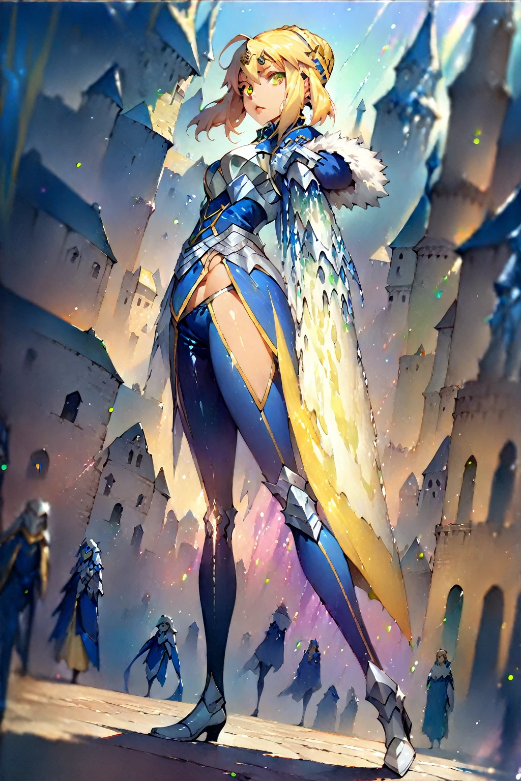 (masterpiece, bestquality, ultra-detailed, 8K high resolution, artstation on trending, Detailed Design),
(1girl, fullbody, looking at viewer, front view), (standing contrapposto pose, dynamic angle), depth of field, shiny effects, Special moves, secret techniques,
(Artoria Pendragon (Lancer) \(fate grand order\)), Castle, castle town