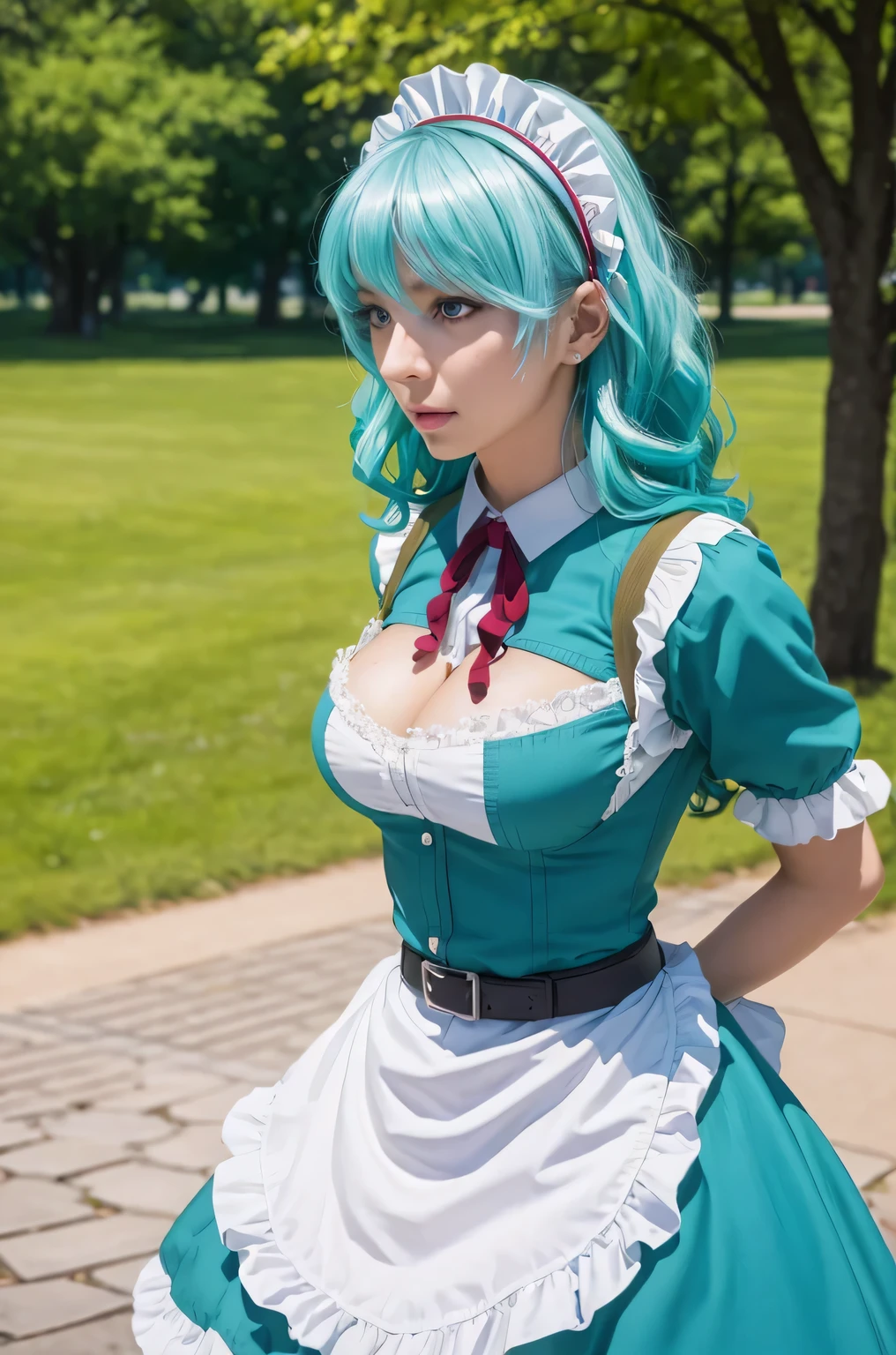 photorealistic, (4k), depth of field, (Masterpiece), (realistic skin texture), extremely detailed, intricate, hyper detailed, professional photography, bokeh, high resolution, sharp detail, best quality, girl, aqua hair, blue eyes, aqua maid dress, maid headdress, frills, apron, . dynamic pose, outdoors, park, light rays, grass, (park bench:1.3),