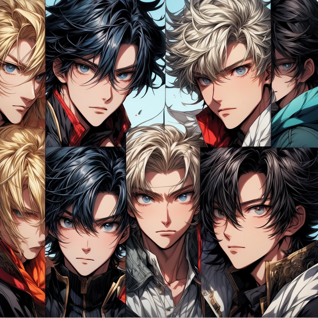 ((best quality、A masterpice))、Two anime handsome men、knights、black  hair、a blond、Blue eyes、Golden Eyes、sirius a and sirius b、Comic art、high quality fanart、from cryptid academia、inspired by Masanobu Okumura、epic anime style、detailed fan art、Akihiko Inoue and Rostran