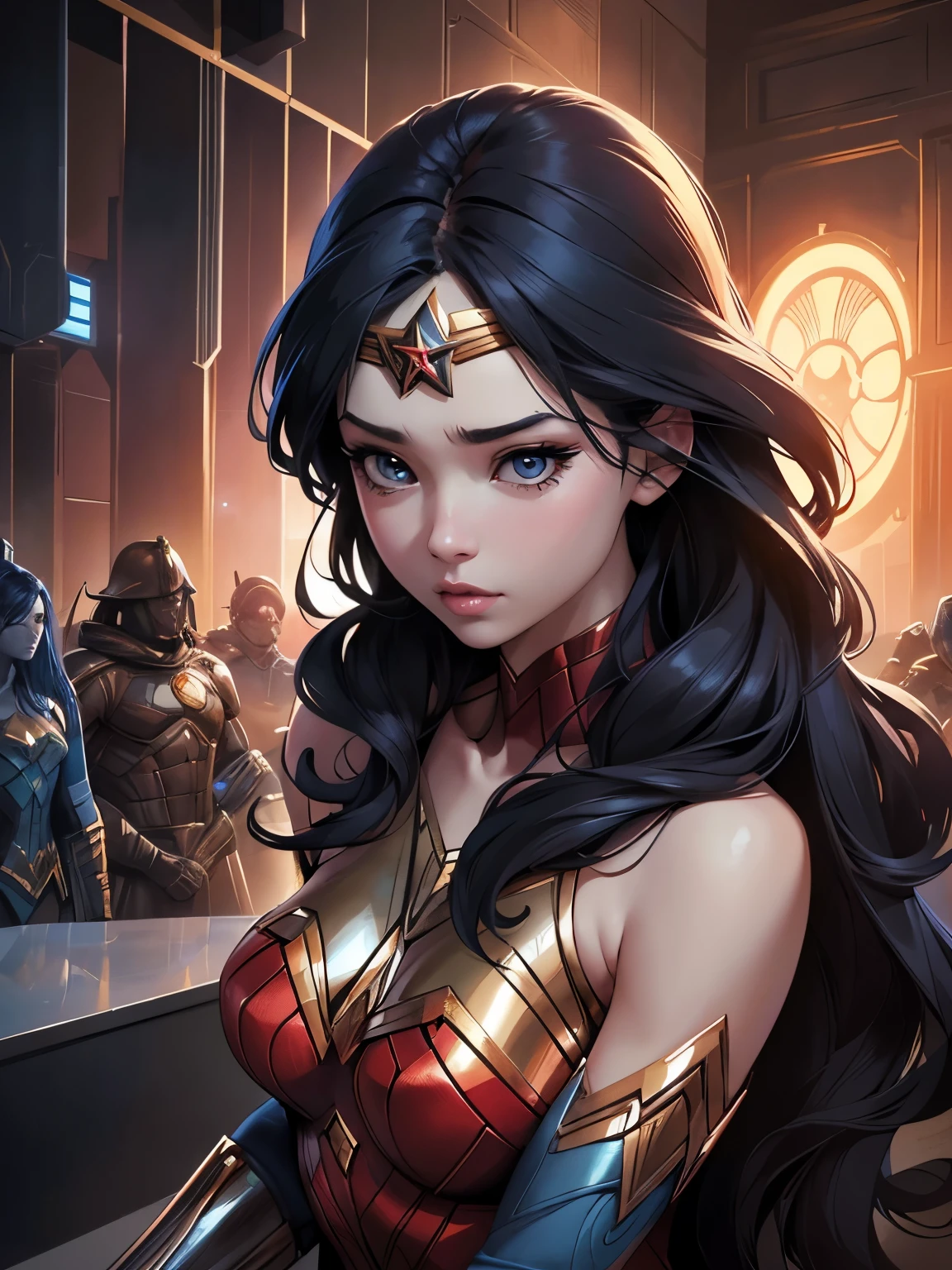 Close-up of a woman in erotic clothing and a group of aliens, james jean soft light 4k, adequate : :, Decorative Arts, Portrait of Wonder Woman, Inspired by Noriyoshi Oi, Hot topics on artstaion, Mechanized female soldier, In the bathroom : :