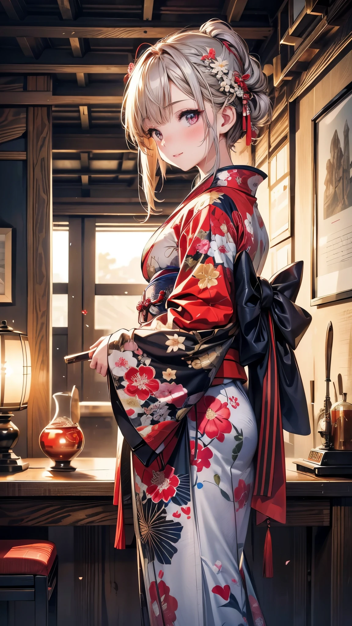 kimono, Heart, (8k, original photo, best quality, masterpiece: 1.2), (Practical: 1.6), (masterpiece), (best quality: 1.0), (Ultra-high resolution: 1.0), detail, 1940s, one, detail beautiful skin, detail room, ,Practical skin