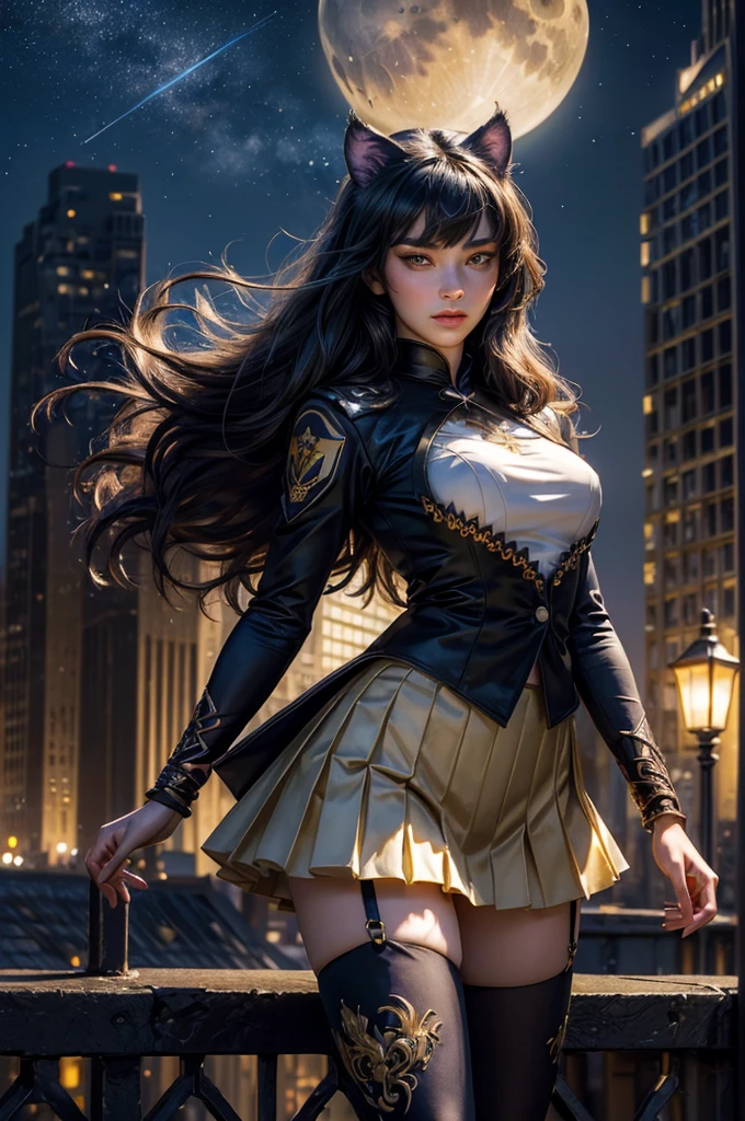 (masterpiece,stunning girlfriend, (standing:1.1), dynamic pose, heart shaped face, elegant face, beautiful face, highly detailed face, highly detailed skin, skin pores, subsurface scattering, realistic pupils, looking at viewer, full lips, detailed background, depth of field, atmospheric perspective, volumetric lighting, sharp focus, absurdres, realistic proportions, good anatomy, (realistic, hyperrealistic:1.4), 16k hdr, (masterpiece, best quality), intricate details, 1girl, blake_belladonna, gmuniform, pleated skirt, blue thighhighs, black and gold uniform, standing on rooftop, city, night, stars, moon, streetlights