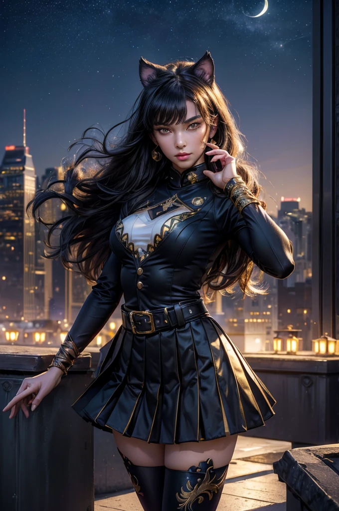 (masterpiece,stunning girlfriend, (standing:1.1), dynamic pose, heart shaped face, elegant face, beautiful face, highly detailed face, highly detailed skin, skin pores, subsurface scattering, realistic pupils, looking at viewer, full lips, detailed background, depth of field, atmospheric perspective, volumetric lighting, sharp focus, absurdres, realistic proportions, good anatomy, (realistic, hyperrealistic:1.4), 16k hdr, (masterpiece, best quality), intricate details, 1girl, blake_belladonna, gmuniform, pleated skirt, blue thighhighs, black and gold uniform, standing on rooftop, city, night, stars, moon, streetlights