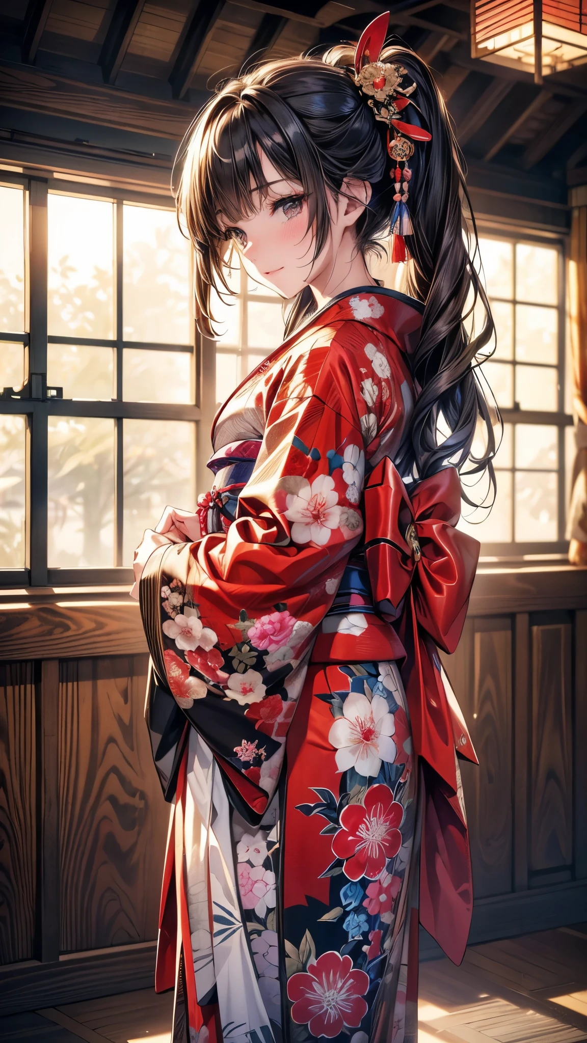 kimono, Heart, (8k, original photo, best quality, masterpiece: 1.2), (Practical: 1.6), (masterpiece), (best quality: 1.0), (Ultra-high resolution: 1.0), detail, 1940s, one, detail beautiful skin, detail room, ,Practical skin