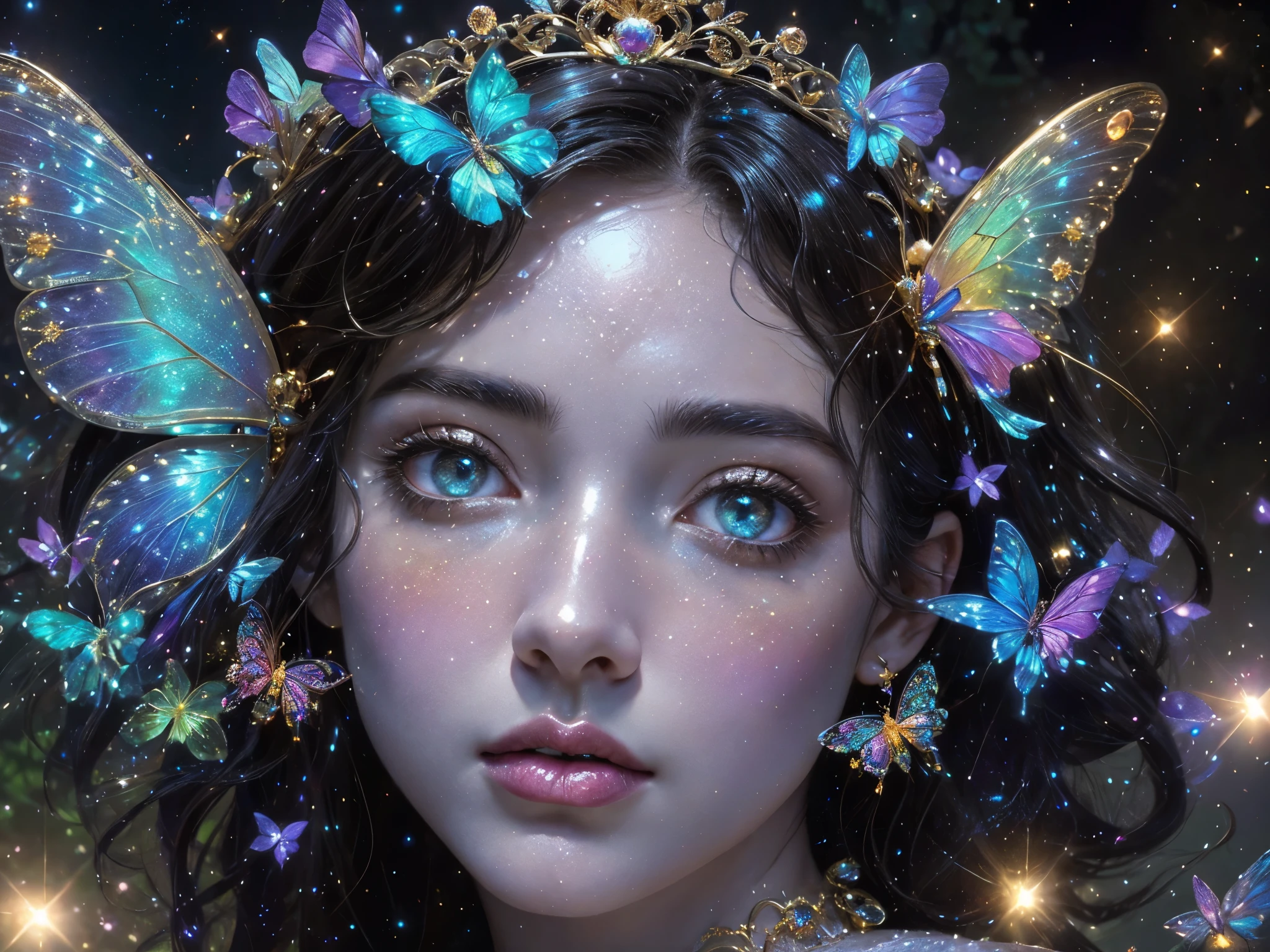 This is a realistic fantasy masterpiece with lots of shimmer, glitter, and intricate ornate detail. Generate one  woman with a beautiful and delicate crown sitting on a garden swing at night. She is a beautiful and seductive butterfly queen with stunning curly black hair, (((incredibly realistic and detailed dynamic eyes in bright colors with realistic shading))).  Her skin is translucent white, her eyes sparkle, and her dress is elegant. Her dress is spun of the finest gossamer silk with delicate, intricate, and subtle floral detailing and gold silk butterfly sleeves. Her face is lovely and . Include glow-in-the-dark flowers, lots of particles, highly realistic fantasy butteflies with translucent jewel-toned wings and fine detailing, and glow. The artwork is done in the style of Guviz and brings to mind masters in the genre such as trending fantasy works on Artstation and Midjourney. Camera: Utilize dynamic composition techniques to emphasize etherealness and delicate detail.