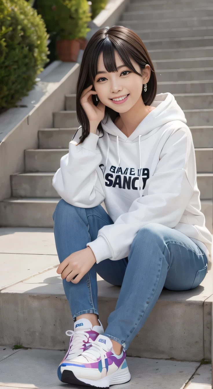 highest quality, Realistic, Very detailed, Finer details, High resolution, 8k wallpaper, One beautiful woman,Sit on the stairs、smile、、(Black socks) Oversized hoodie, Skinny jeans,( sneakers)、Black Hair、 Beautiful Bangs、ear piercing、Perfect dynamic composition, Beautiful and detailed, Full Body Shot, A big smile waiting to start