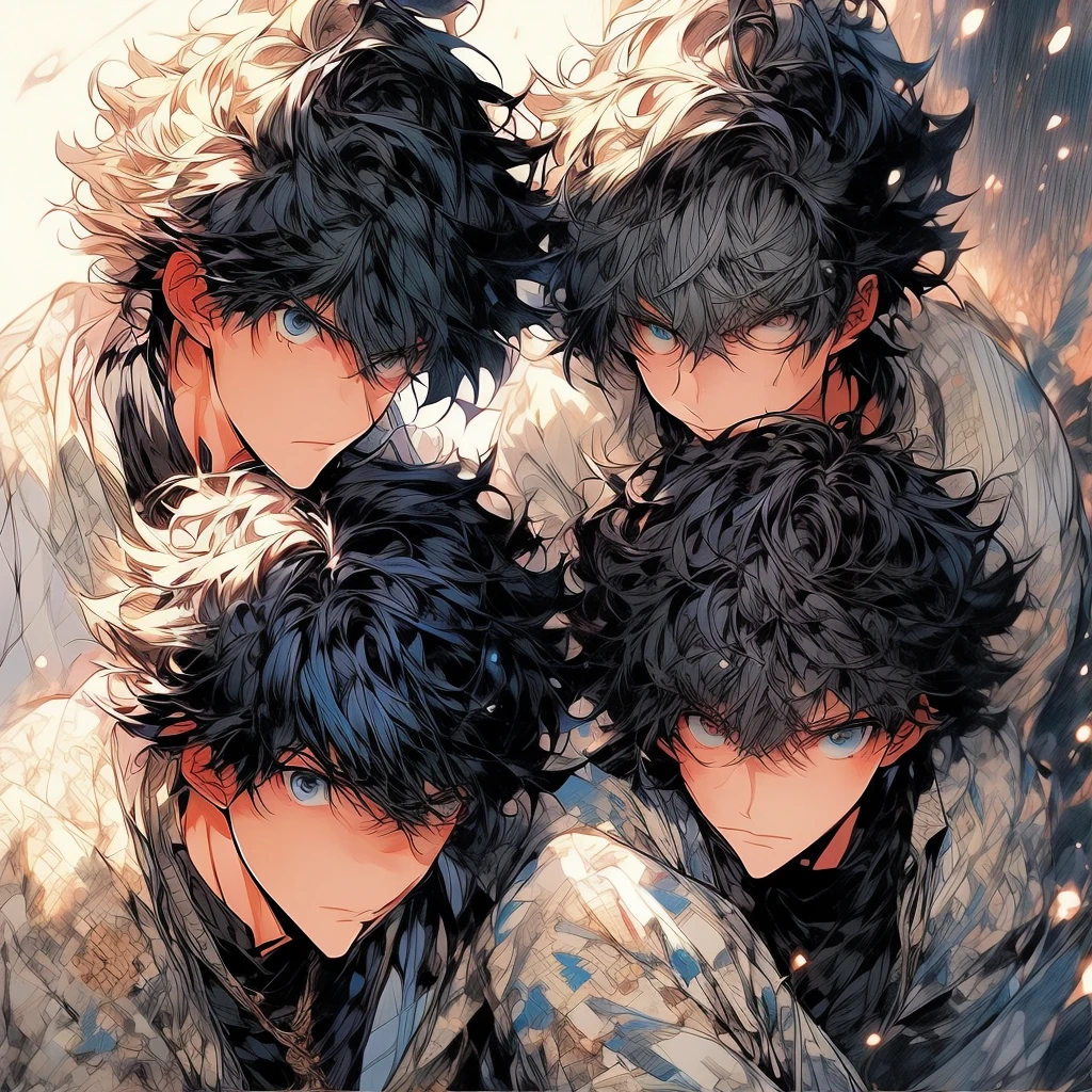 ((best quality、A masterpice))、Two anime handsome men、knights、black  hair、a blond、Blue eyes、Golden Eyes、sirius a and sirius b、Comic art、high quality fanart、from cryptid academia、inspired by Masanobu Okumura、epic anime style、detailed fan art、Akihiko Inoue and Rostran