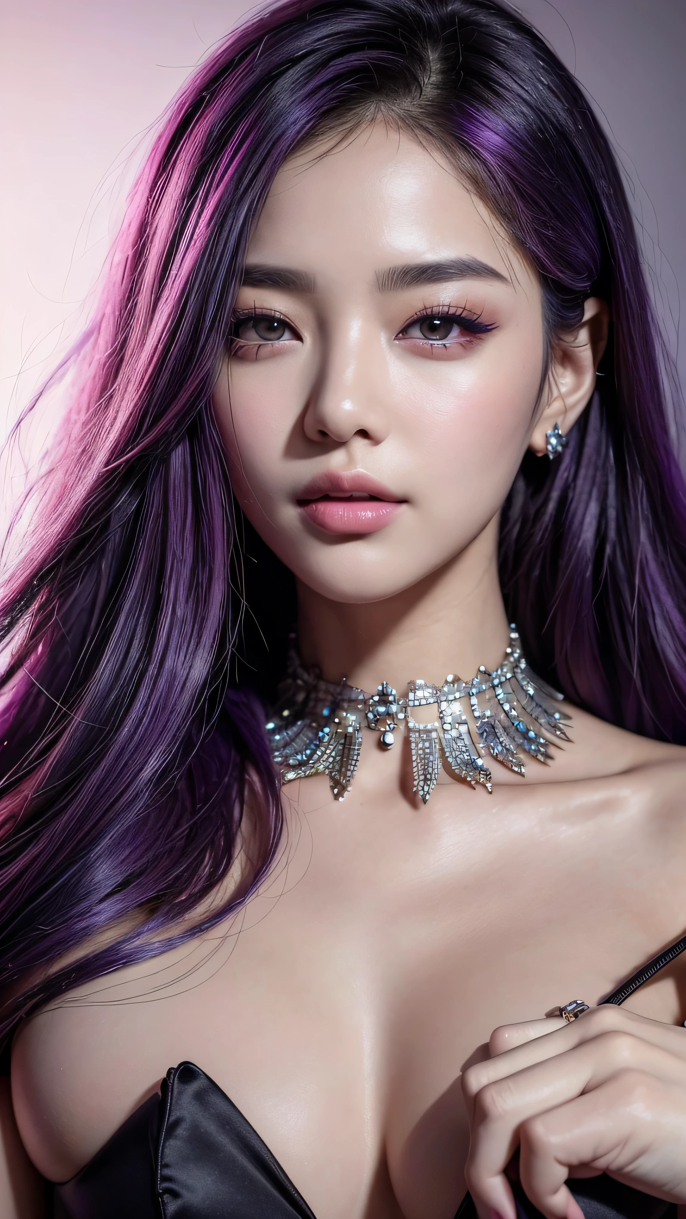 (best quality,8k,realistic,masterpiece:1.2),most prettiest kpop idol, sexy face(beautiful detailed eyes,beautiful detailed lips,extremely detailed eyes and face,longeyelashes),cunning beauty,seductive smile,elegant pose,cunning outfit,ultra-detailed,professional,vivid colors,portraits,photorealistic, purple hair,black color scheme,soft lighting.