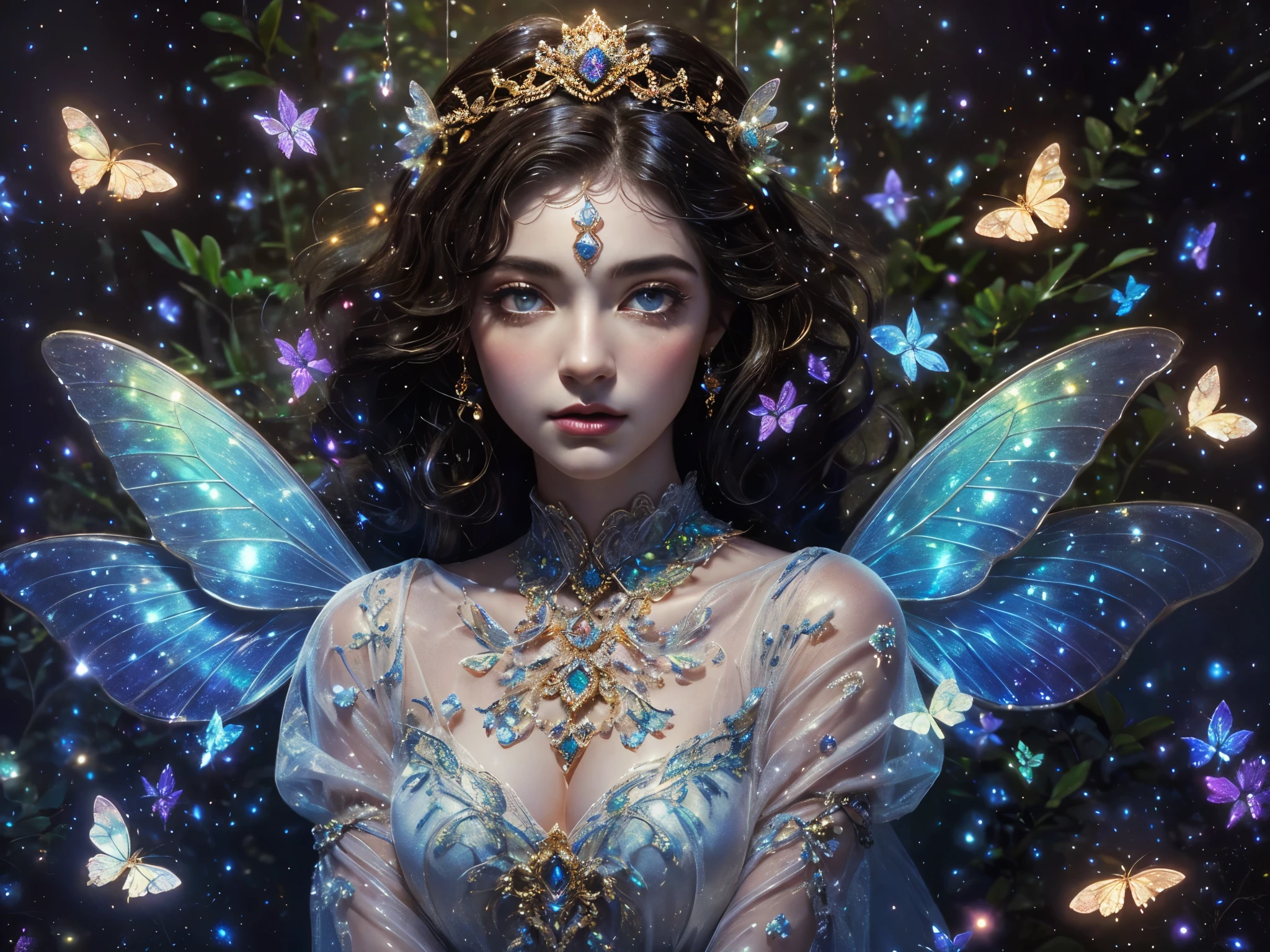 This is a realistic fantasy masterpiece with lots of shimmer, glitter, and intricate ornate detail. Generate one woman with a beautiful and delicate crown sitting on a garden swing at night. She is a beautiful and seductive butterfly queen with stunning curly black hair, (((incredibly realistic and detailed dynamic eyes in bright colors with realistic shading))). Her skin is translucent white, her eyes sparkle, and her dress is elegant. Her dress is spun of the finest gossamer silk with delicate, intricate, and subtle floral detailing and gold silk butterfly sleeves. Her face is lovely and . Include glow-in-the-dark flowers, lots of particles, highly realistic fantasy butteflies with translucent jewel-toned wings and fine detailing, and glow. The artwork is done in the style of Guviz and brings to mind masters in the genre such as trending fantasy works on Artstation and Midjourney. Camera: Utilize dynamic composition techniques to emphasize etherealness and delicate detail.