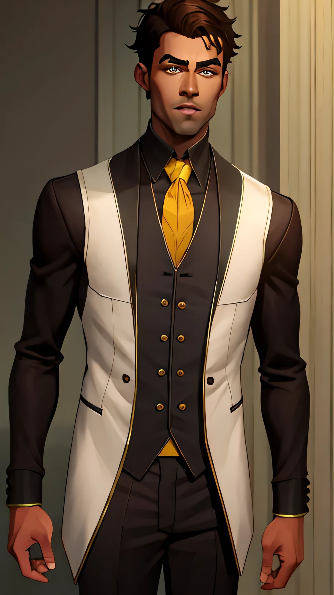 Tall dark-skinned boy with long brown hair, amber eyes, traje verde, estilo anime