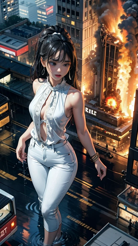 (Realistic:1.0, 16k, High resolution, highest quality, masterpiece, 超High resolution), (((Giantess Elements, Typhoon heavy rain))), From above, Perfect dynamic composition:1.2, (Modern city at night, Expressions of sadness:0.5), Highly detailed skin and facial textures:1.2, (Towering Giant Young Woman:1.0, Higher than skyscrapers:1.0, 70,000 feet tall:1.0, Incredibly slim body:1.0), Fair skin, Sexy beauty, Very beautiful face, , Water droplets on the skin, (The rain drips down on my body:0.5, Wet body:0.5, Wet Hair:0.5), (Wet white linen pants:1.0, Wet sleeveless blouse:1.0), Shapely breasts, Chest gap, Big eyes that exude beautiful eroticism, Lips that exude beautiful eroticism, necklace, Earrings, bracelet, wedding ring, Shoulder bag, clock, ribbon, Full body portrait, ((Destroy a small city, Burning Small City, rubble, Destroyed small building, Collapsed highway, Evacuated Residents)), (Major impact, Emphasizing the majesty and power of giants, Increase the destructive element, Lower the building, Making cities smaller)