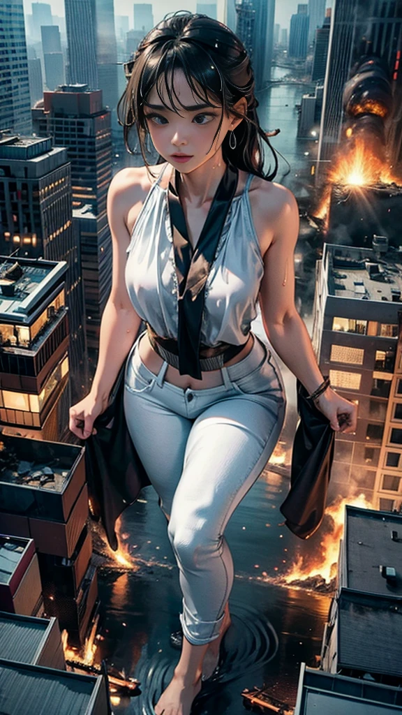 (Realistic:1.0, 16k, High resolution, highest quality, masterpiece, 超High resolution), (((Giantess Elements, Typhoon heavy rain))), From above, Perfect dynamic composition:1.2, (Modern city at night, Expressions of sadness:0.5), Highly detailed skin and facial textures:1.2, (Towering Giant Young Woman:1.0, Higher than skyscrapers:1.0, 65,000 feet tall:1.0, Incredibly slim body:1.0), Fair skin, Sexy beauty, Very beautiful face, , Water droplets on the skin, (The rain drips down on my body:0.5, Wet body:0.5, Wet Hair:0.5), (Wet white linen pants:1.0, Wet sleeveless blouse:1.0), Shapely breasts, Chest gap, Big eyes that exude beautiful eroticism, Lips that exude beautiful eroticism, necklace, Earrings, bracelet, wedding ring, Shoulder bag, clock, ribbon, Full body portrait, ((Destroy a small city, Burning Small City, rubble, Destroyed small building, Collapsed highway, Evacuated Residents)), (Major impact, Emphasizing the majesty and power of giants, Increase the destructive element, Lower the building, Making cities smaller)