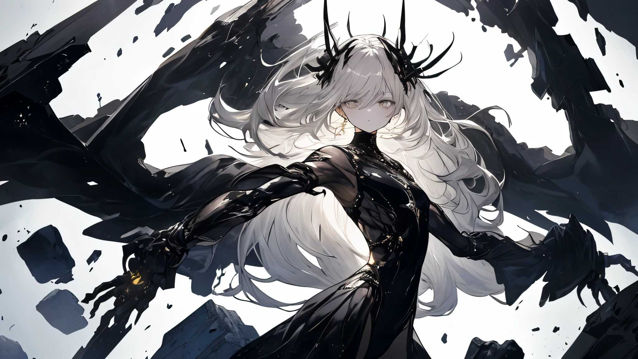 masterpiece, highest quality, Watch the audience, Long Hair, Fresh, (Wavy Hair:0.7),
Black Theme, ((((Gray ruins,)))),Human whole body,Sheer thin leotard,Front view,Golden Eyes,Luminous pupils,Long, straight white hair,Small breastysterious,Expressionless、(Full Shot),Ultra-high resolution,Accurate,Super detailed,Award-winning,Attention to detail,highest quality,8k、High leg、Mysterious、Silent abandoned townscape、Endless dark mechanical ruins、Ultra high definition、8k,Amazingly clear faces、White skin、