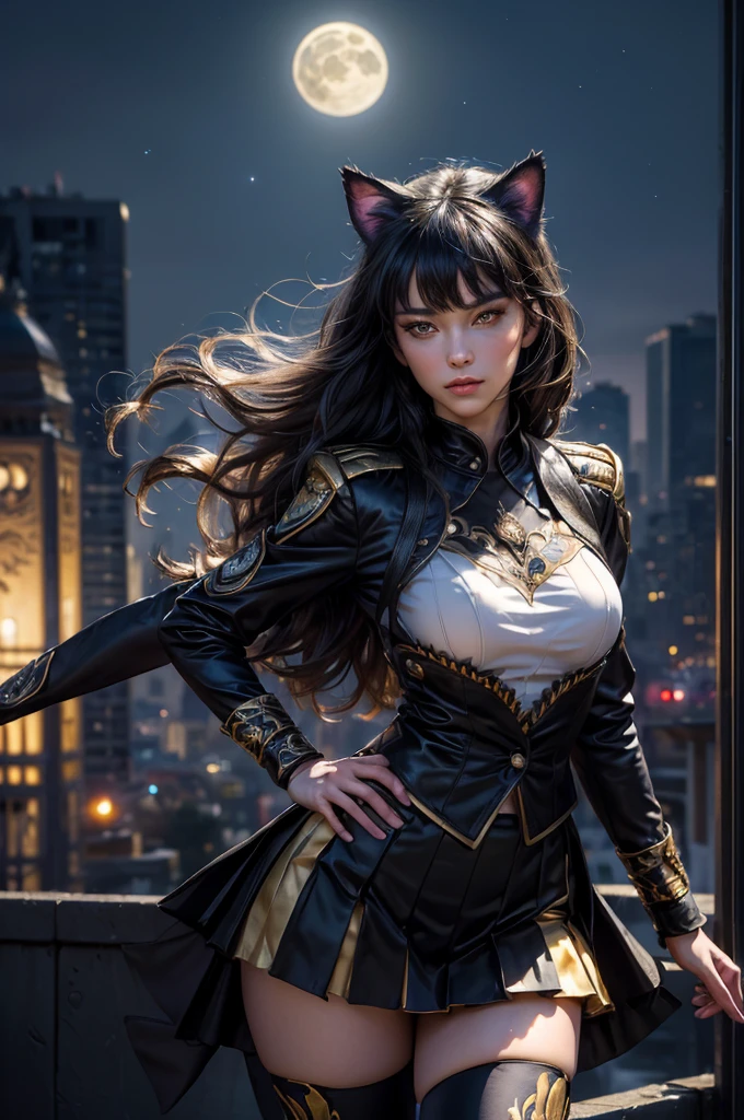 (masterpiece,stunning girlfriend, (standing:1.1), dynamic pose, heart shaped face, elegant face, beautiful face, highly detailed face, highly detailed skin, skin pores, subsurface scattering, realistic pupils, looking at viewer, full lips, detailed background, depth of field, atmospheric perspective, volumetric lighting, sharp focus, absurdres, realistic proportions, good anatomy, (realistic, hyperrealistic:1.4), 16k hdr, (masterpiece, best quality), intricate details, 1girl, blake_belladonna, gmuniform, pleated skirt, blue thighhighs, black and gold uniform, standing on rooftop, city, night, stars, moon, streetlights