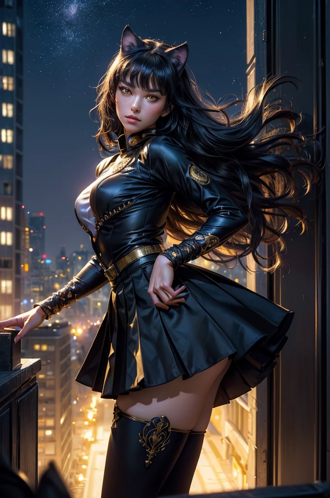 (masterpiece,stunning girlfriend, (standing:1.1), dynamic pose, heart shaped face, elegant face, beautiful face, highly detailed face, highly detailed skin, skin pores, subsurface scattering, realistic pupils, looking at viewer, full lips, detailed background, depth of field, atmospheric perspective, volumetric lighting, sharp focus, absurdres, realistic proportions, good anatomy, (realistic, hyperrealistic:1.4), 16k hdr, (masterpiece, best quality), intricate details, 1girl, blake_belladonna, gmuniform, pleated skirt, blue thighhighs, black and gold uniform, standing on rooftop, city, night, stars, moon, streetlights