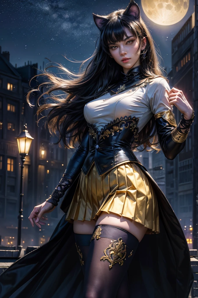 (masterpiece,stunning girlfriend, (standing:1.1), dynamic pose, heart shaped face, elegant face, beautiful face, highly detailed face, highly detailed skin, skin pores, subsurface scattering, realistic pupils, looking at viewer, full lips, detailed background, depth of field, atmospheric perspective, volumetric lighting, sharp focus, absurdres, realistic proportions, good anatomy, (realistic, hyperrealistic:1.4), 16k hdr, (masterpiece, best quality), intricate details, 1girl, blake_belladonna, gmuniform, pleated skirt, blue thighhighs, black and gold uniform, standing on rooftop, city, night, stars, moon, streetlights