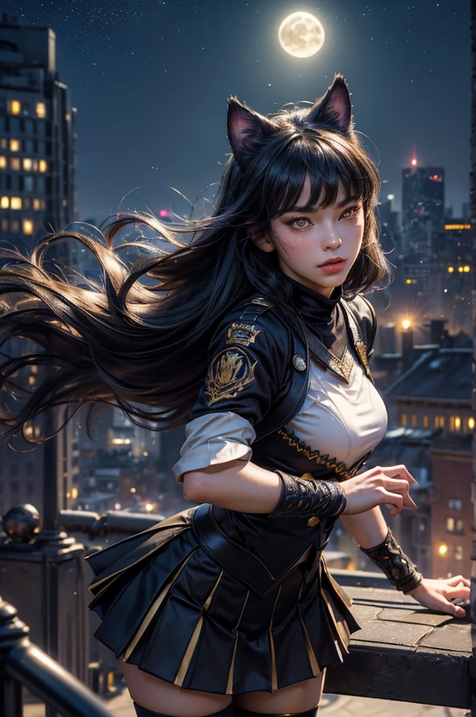 (masterpiece,stunning girlfriend, (standing:1.1), dynamic pose, heart shaped face, elegant face, beautiful face, highly detailed face, highly detailed skin, skin pores, subsurface scattering, realistic pupils, looking at viewer, full lips, detailed background, depth of field, atmospheric perspective, volumetric lighting, sharp focus, absurdres, realistic proportions, good anatomy, (realistic, hyperrealistic:1.4), 16k hdr, (masterpiece, best quality), intricate details, 1girl, blake_belladonna, gmuniform, pleated skirt, blue thighhighs, black and gold uniform, standing on rooftop, city, night, stars, moon, streetlights