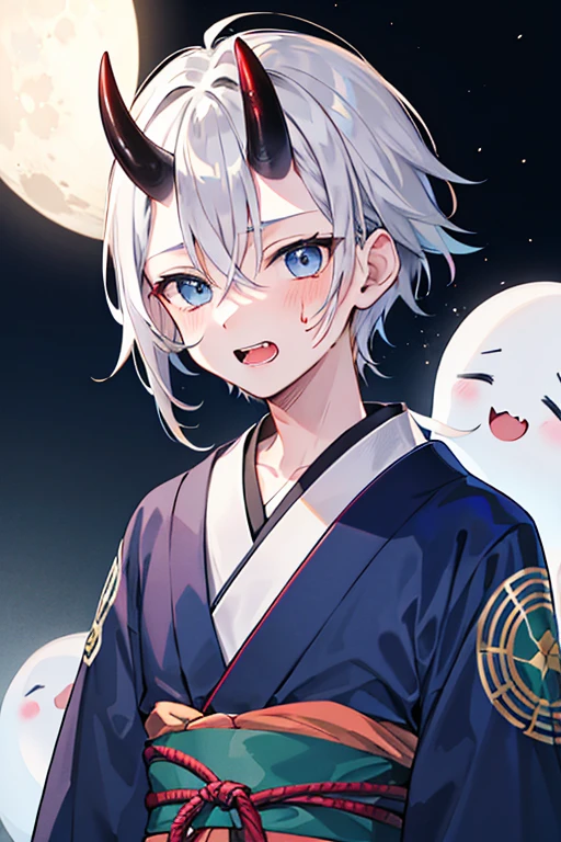 ghost One Boy Silver Hair Blue Eyes Costume kimono ghostの角 Mouth open, teeth visible 歯はghostの牙 Looking at me Upper Body Blood on cheek One Boy Horns on the forehead Background moonlit night