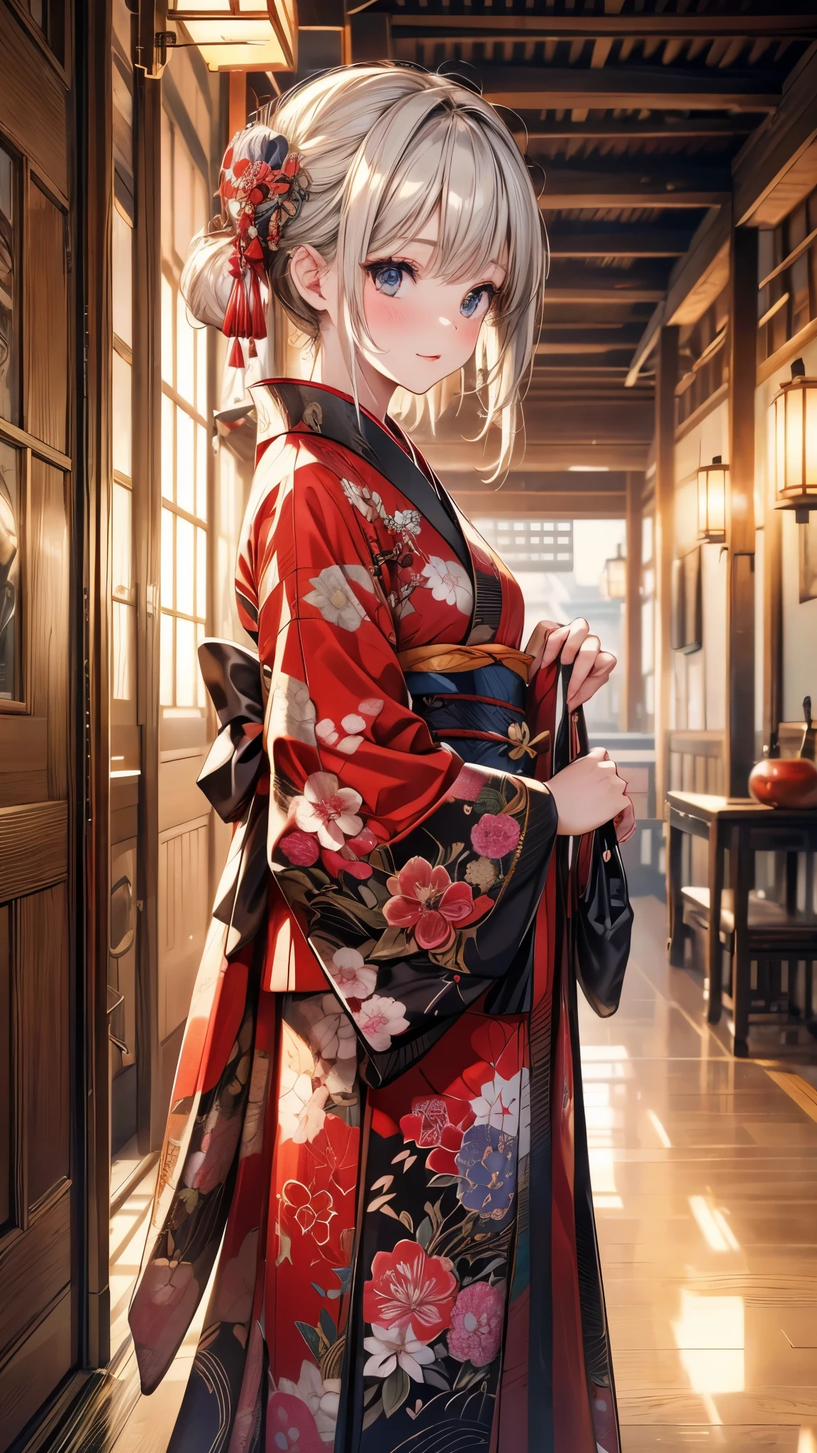 kimono, Heart, (8k, original photo, best quality, masterpiece: 1.2), (Practical: 1.6), (masterpiece), (best quality: 1.0), (Ultra-high resolution: 1.0), detail, 1940s, one, detail beautiful skin, detail room, ,Practical skin