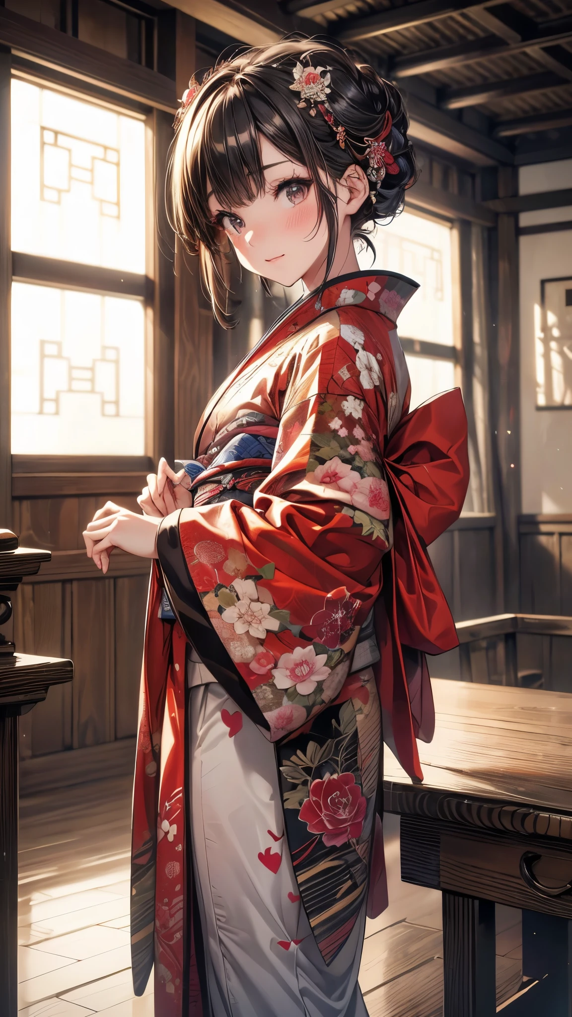kimono, Heart, (8k, original photo, best quality, masterpiece: 1.2), (Practical: 1.6), (masterpiece), (best quality: 1.0), (Ultra-high resolution: 1.0), detail, 1940s, one, detail beautiful skin, detail room, ,Practical skin