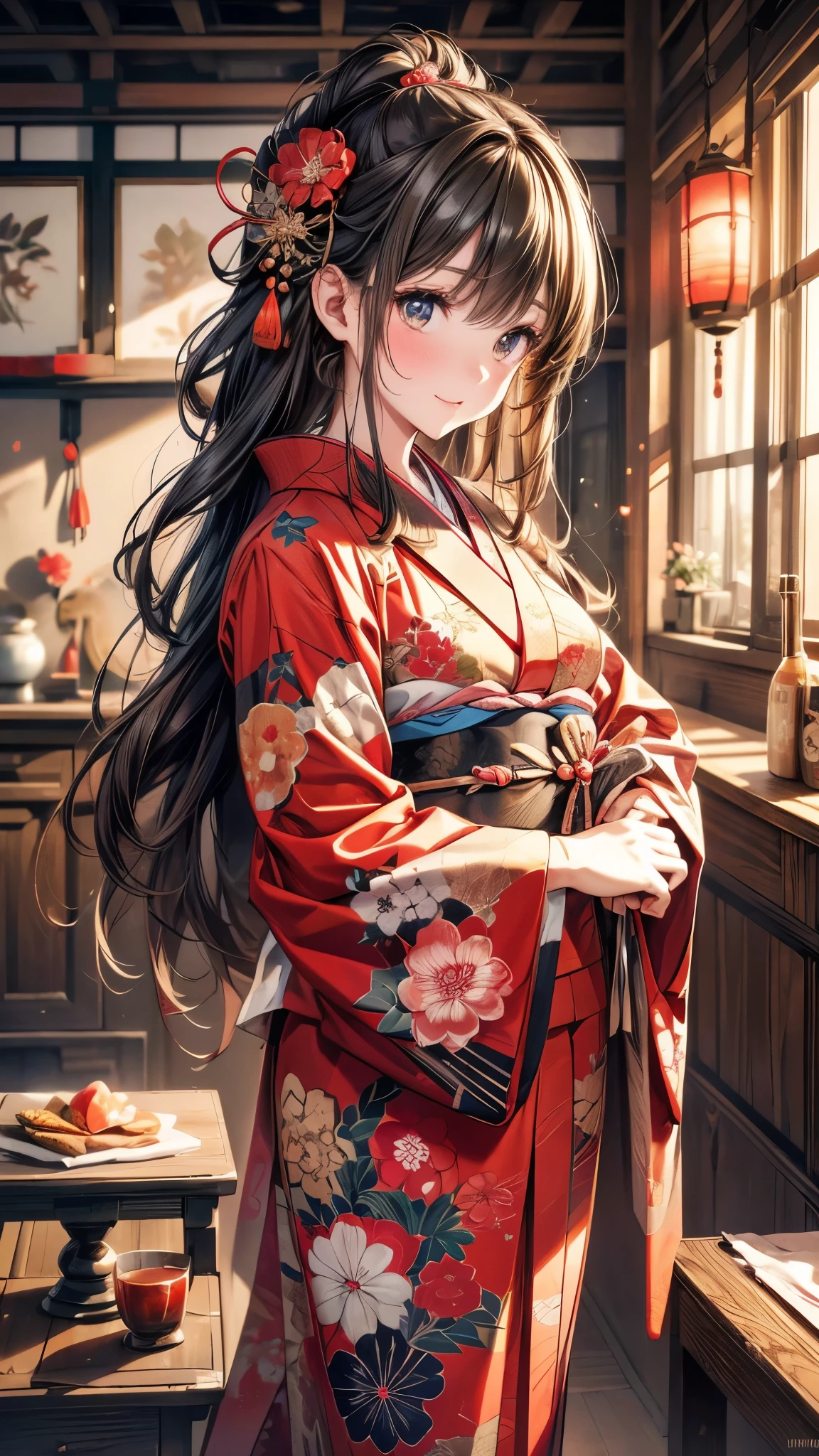 kimono, Heart, (8k, original photo, best quality, masterpiece: 1.2), (Practical: 1.6), (masterpiece), (best quality: 1.0), (Ultra-high resolution: 1.0), detail, 1940s, one, detail beautiful skin, detail room, ,Practical skin