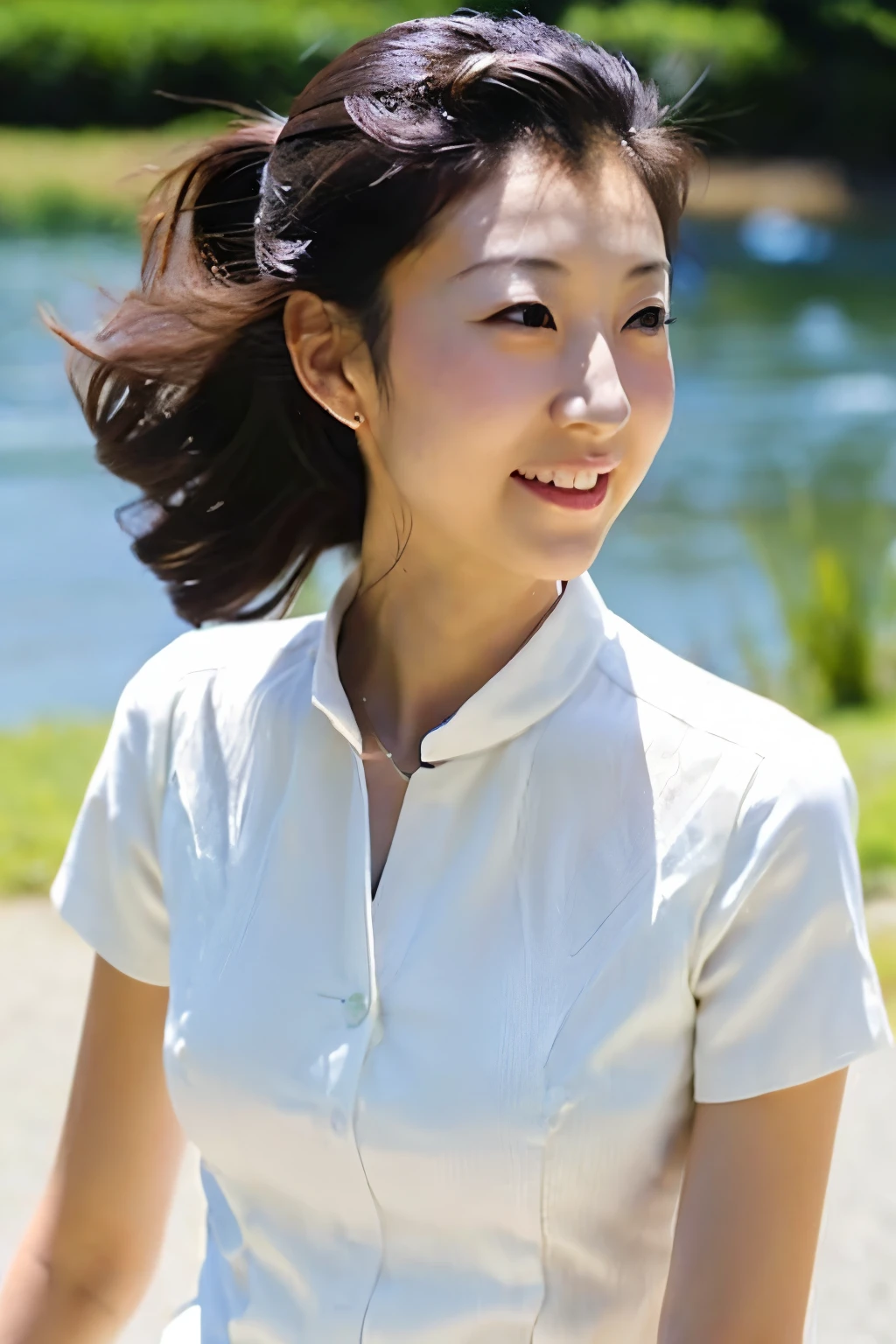 Skinny Japanese 40s woman, good wife, cute face, detailed face, detailed eyes, neat and clean, short-sleeve white shirt, walking along river, early summer, fine weather, clear sky, green fields, portrait